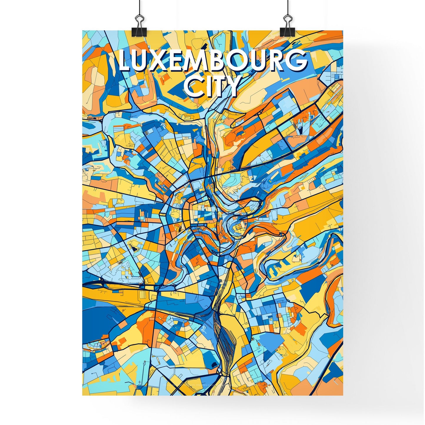 LUXEMBOURG CITY LUXEMBOURG Vibrant Colorful Art Map Poster Blue Orange