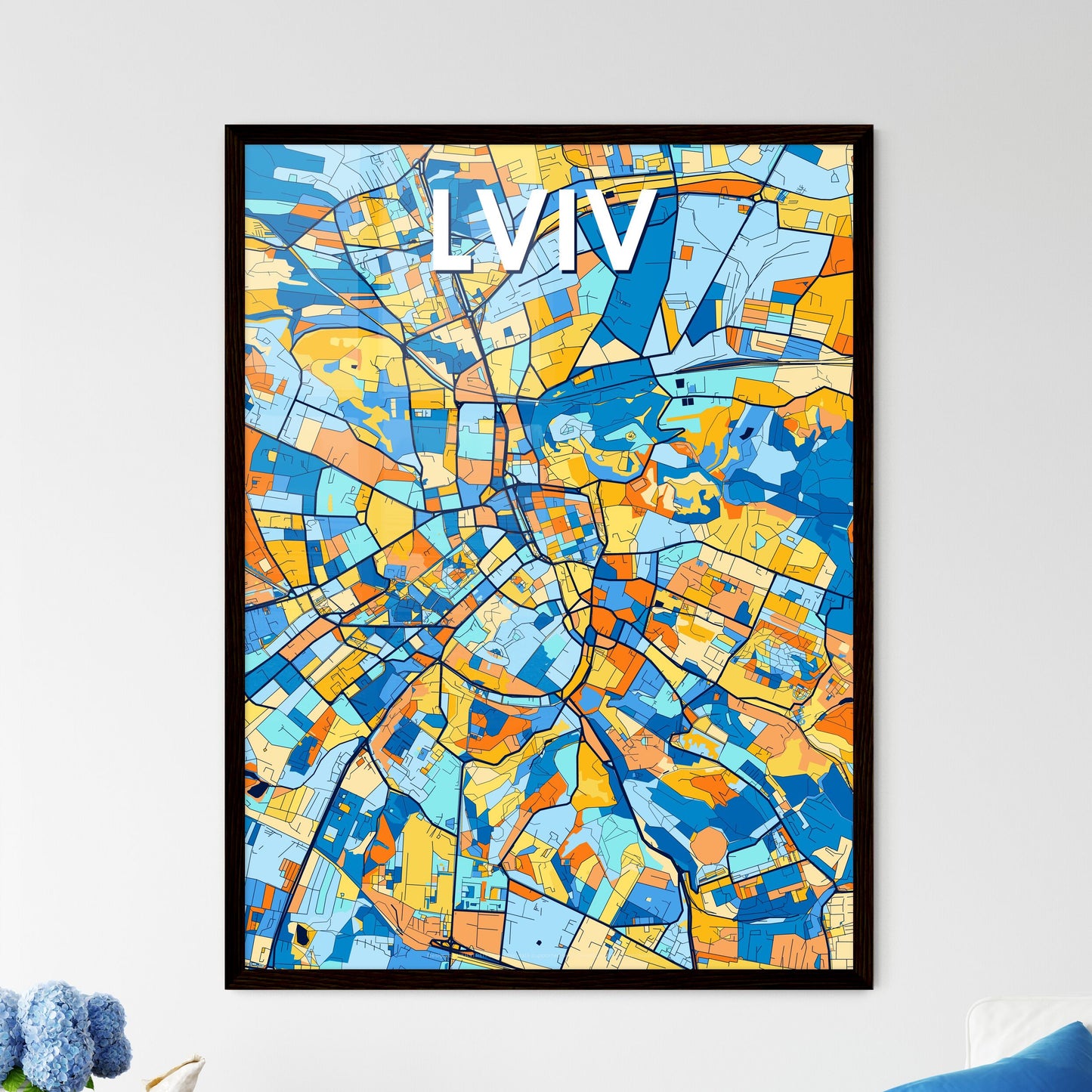 LVIV UKRAINE Vibrant Colorful Art Map Poster Blue Orange