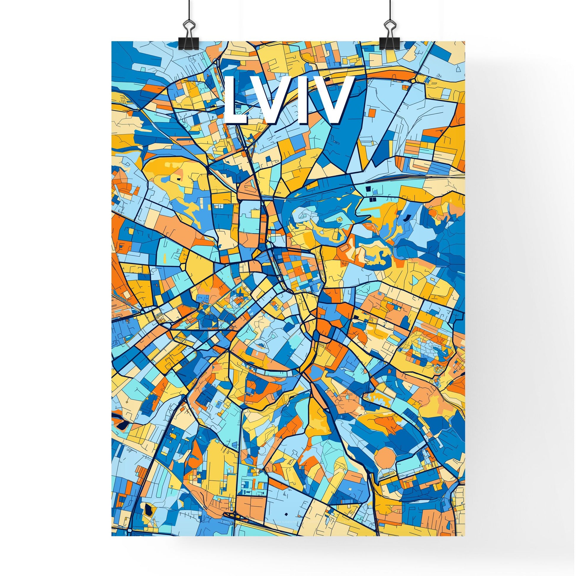 LVIV UKRAINE Vibrant Colorful Art Map Poster Blue Orange