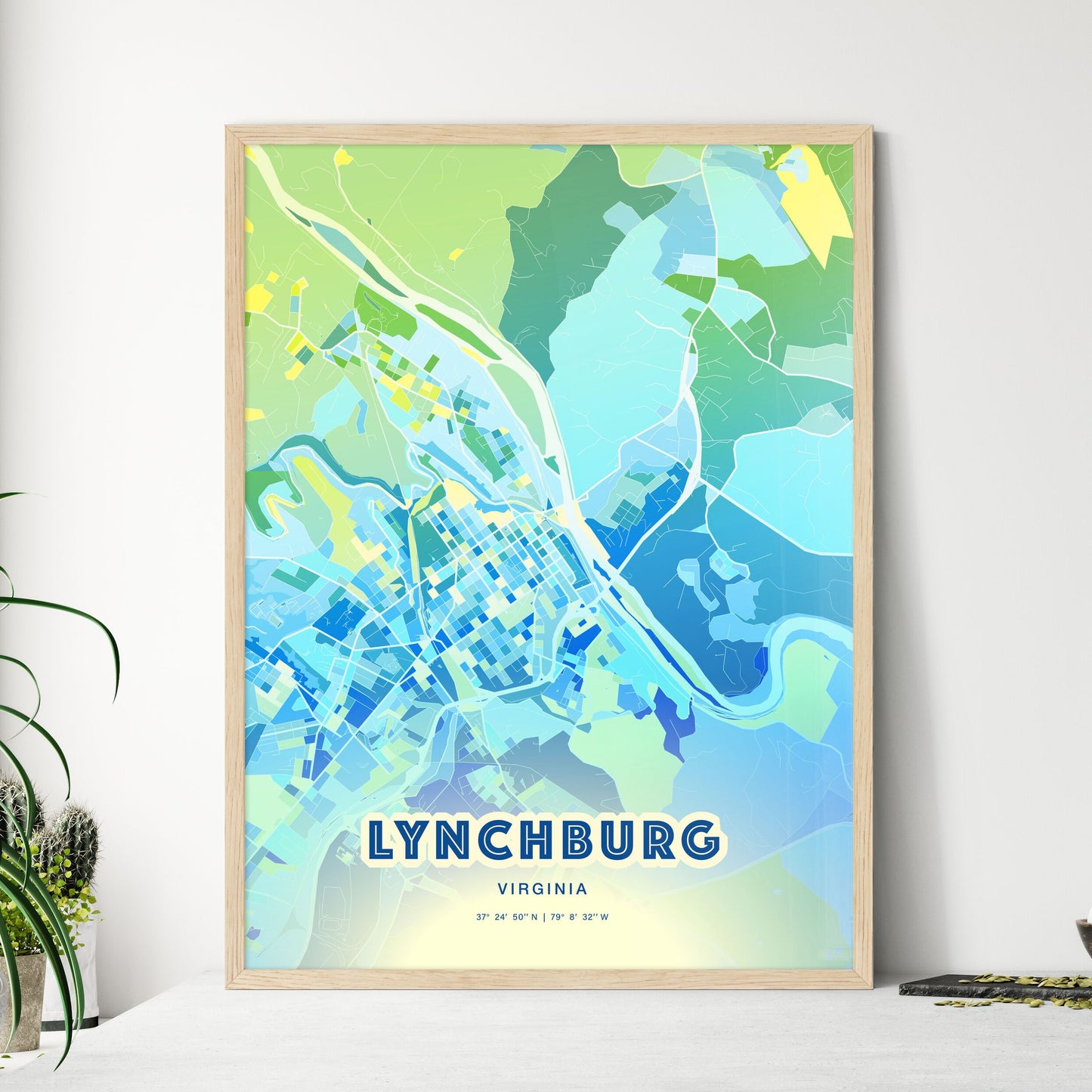 Colorful Lynchburg Virginia Fine Art Map Cool Blue