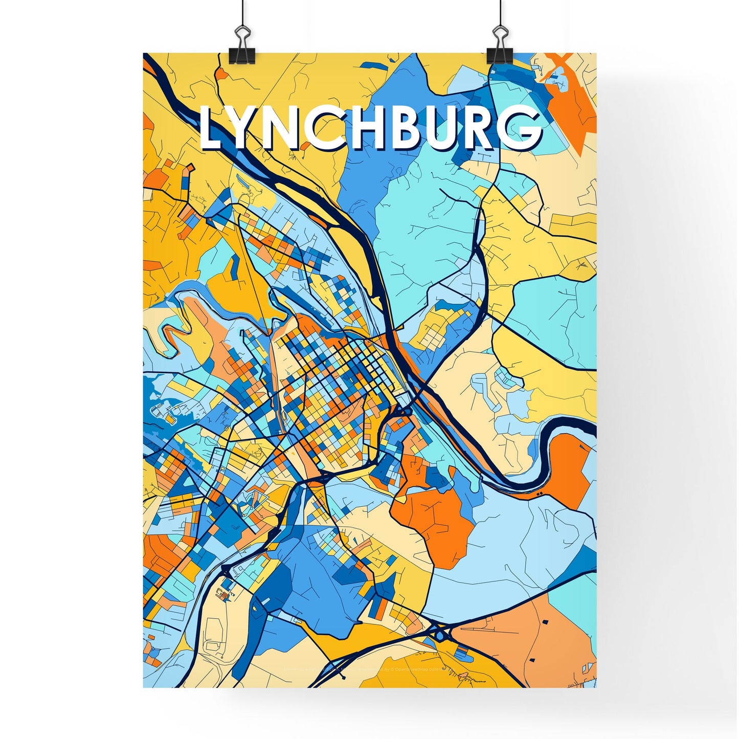 LYNCHBURG VIRGINIA Vibrant Colorful Art Map Poster Blue Orange