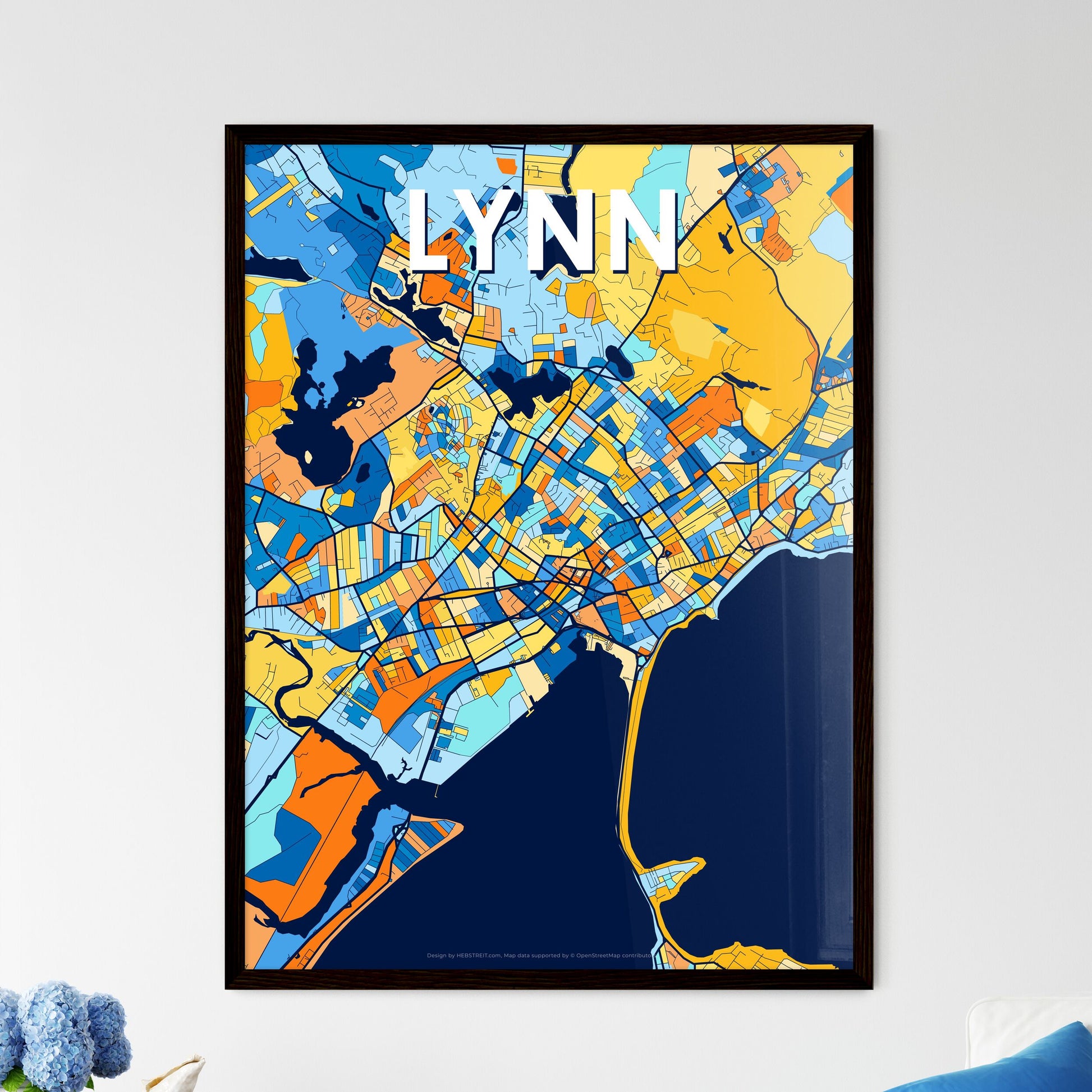 LYNN MASSACHUSETTS Vibrant Colorful Art Map Poster Blue Orange