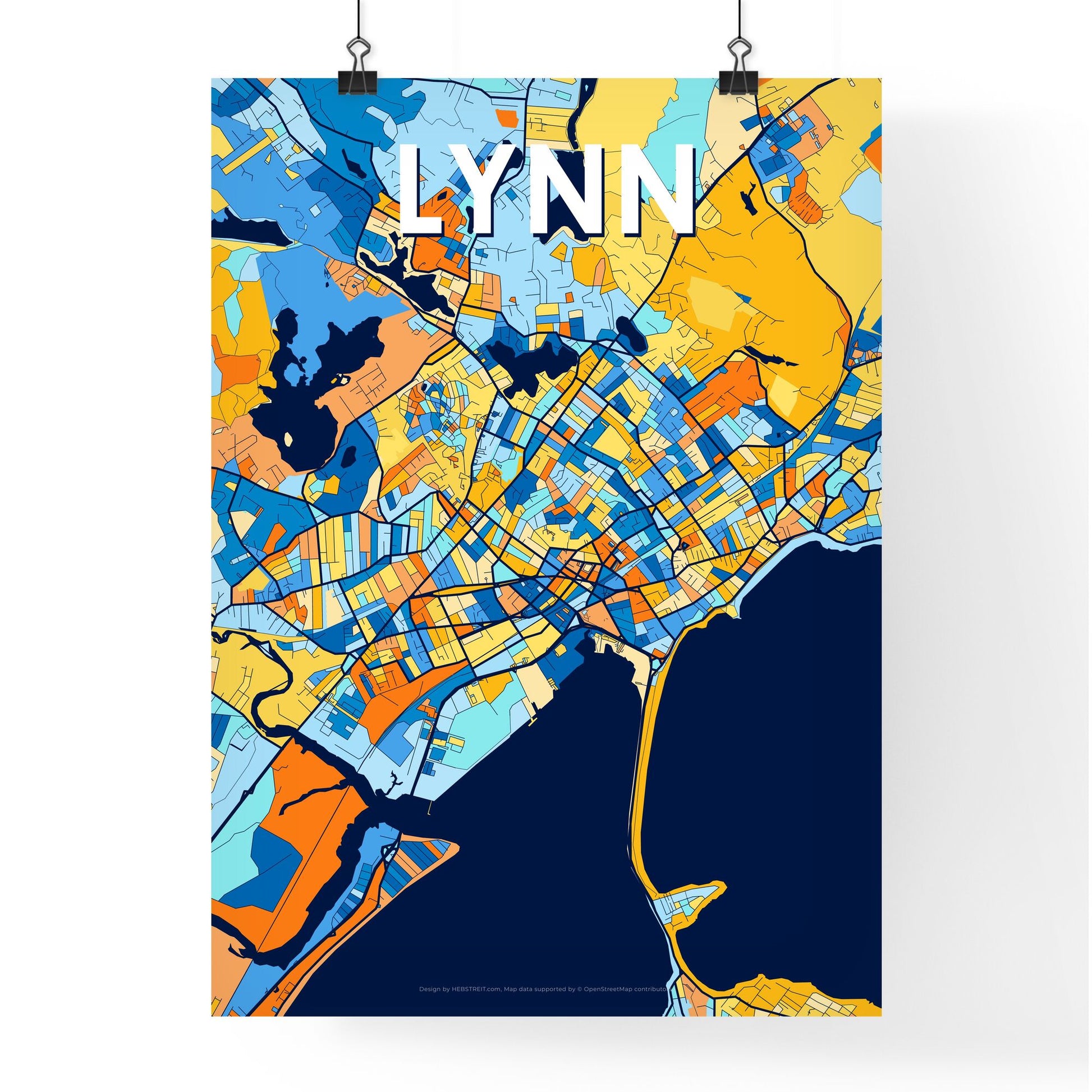 LYNN MASSACHUSETTS Vibrant Colorful Art Map Poster Blue Orange