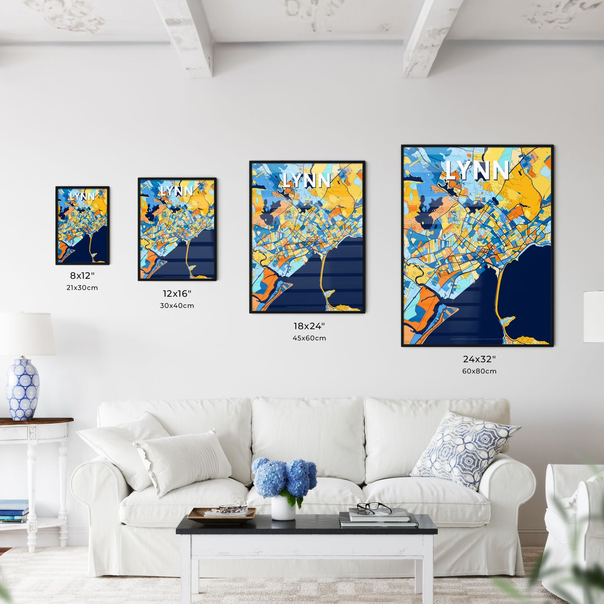 LYNN MASSACHUSETTS Vibrant Colorful Art Map Poster Blue Orange