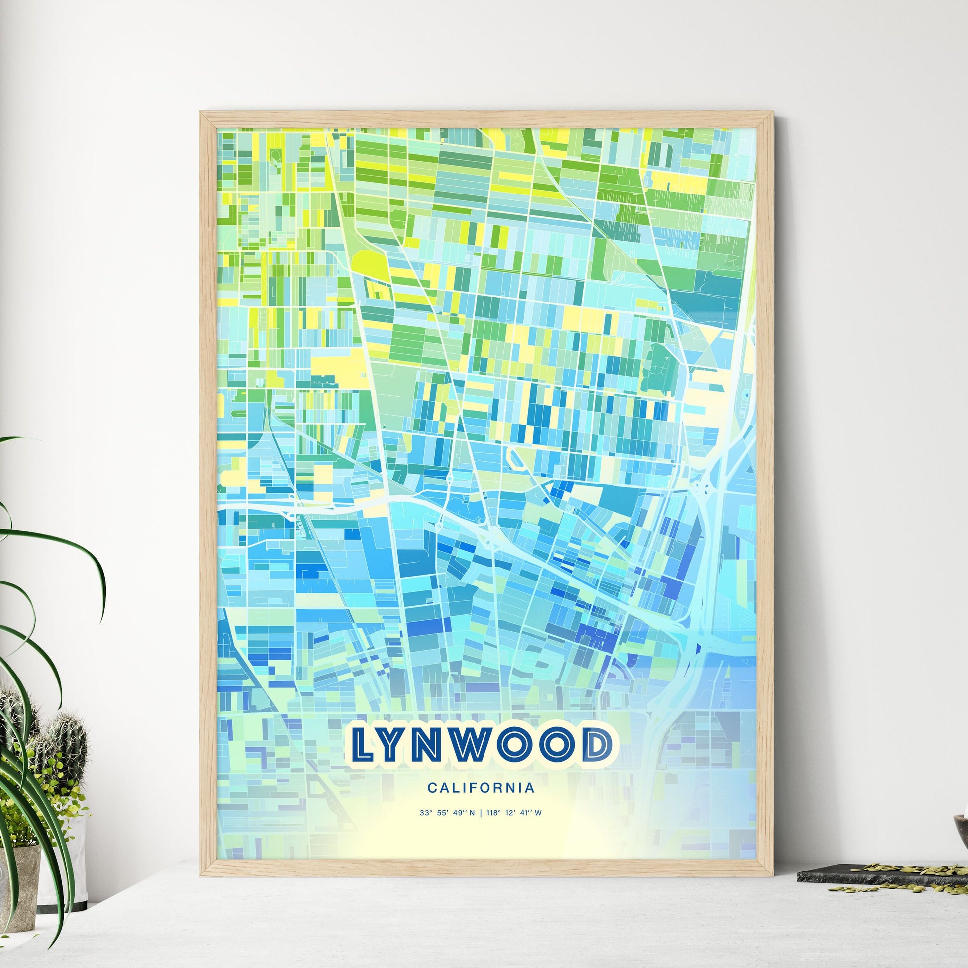 Colorful Lynwood California Fine Art Map Cool Blue