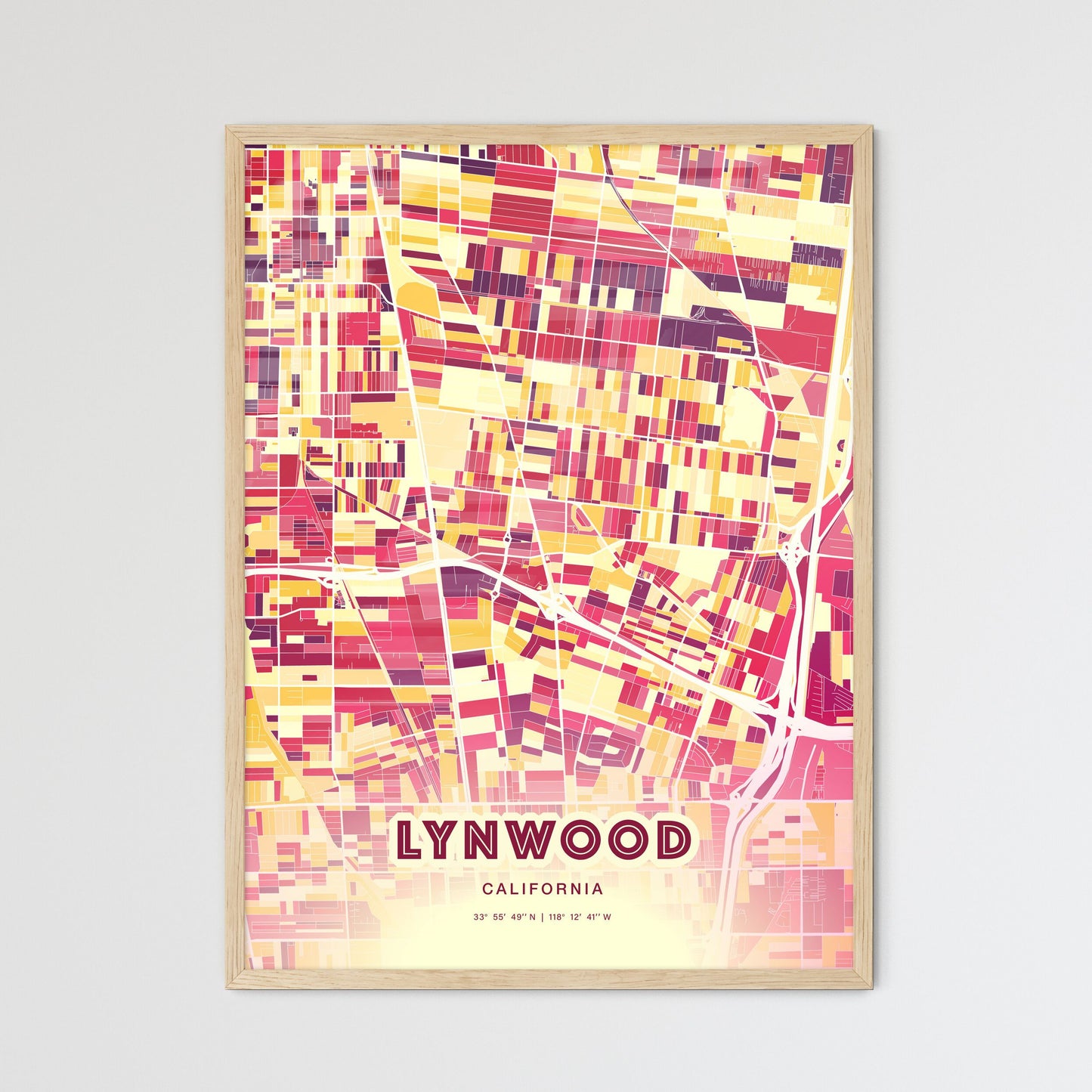 Colorful Lynwood California Fine Art Map Hot Red