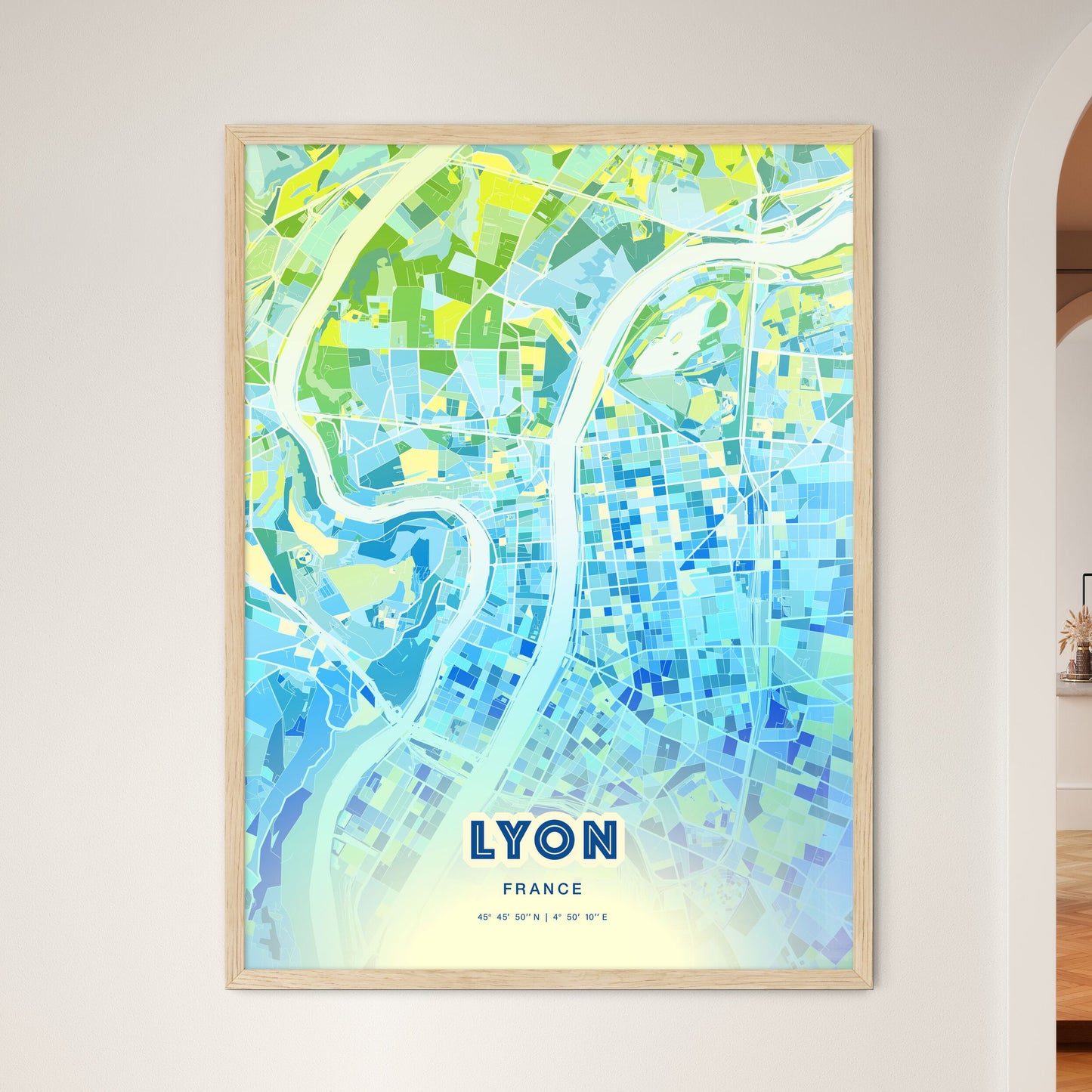 Colorful Lyon France Fine Art Map Cool Blue