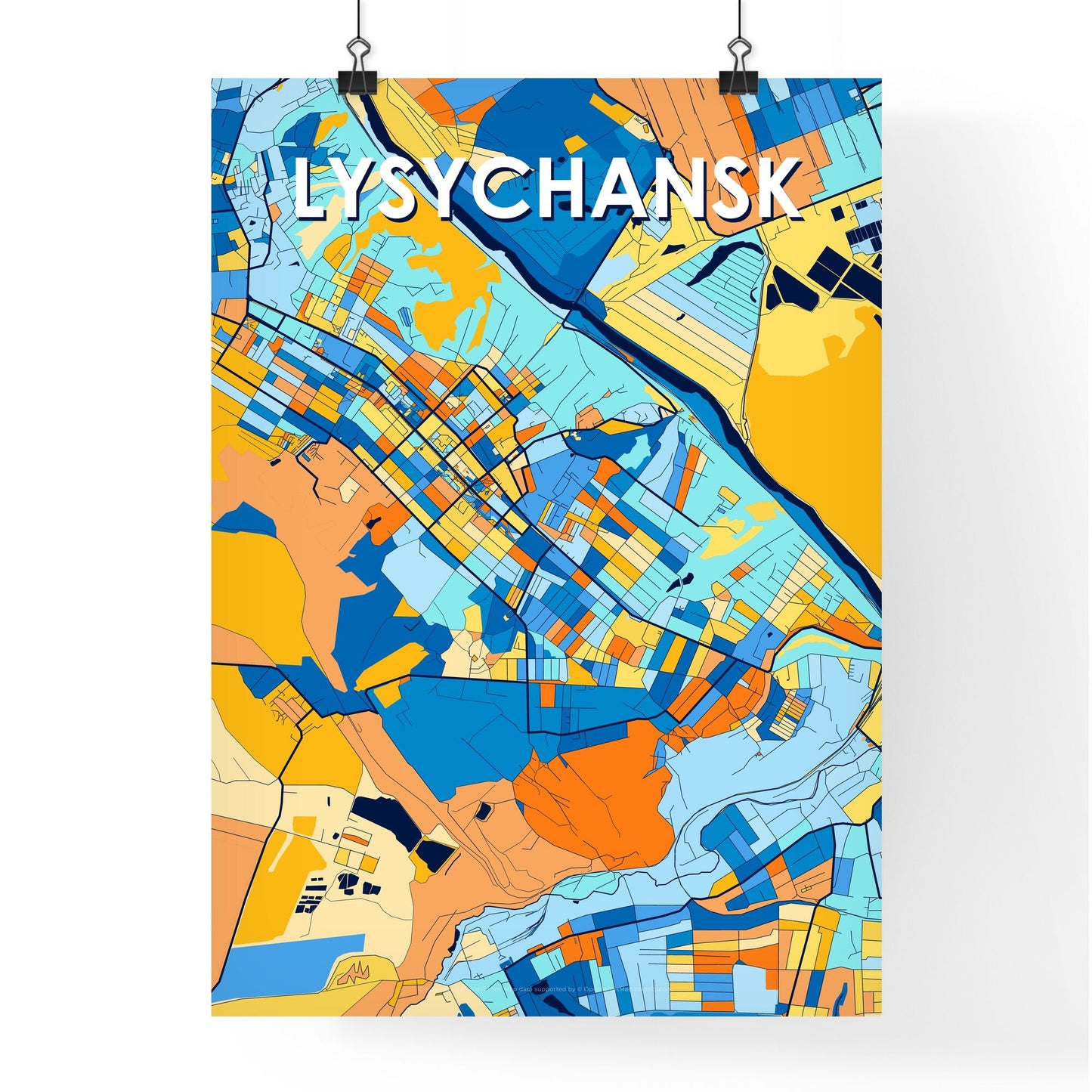 LYSYCHANSK UKRAINE Vibrant Colorful Art Map Poster Blue Orange