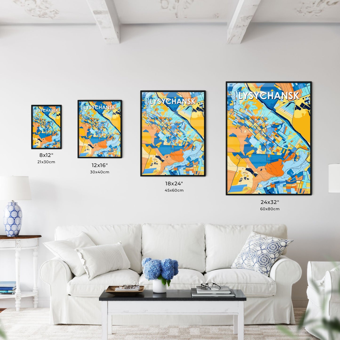 LYSYCHANSK UKRAINE Vibrant Colorful Art Map Poster Blue Orange