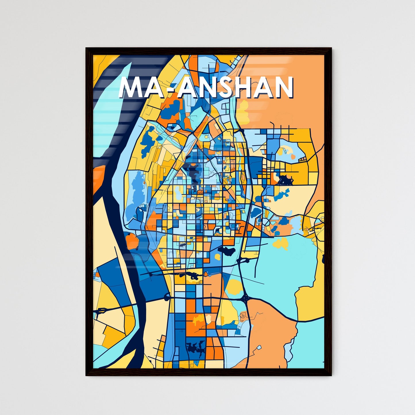 MA-ANSHAN CHINA Vibrant Colorful Art Map Poster Blue Orange