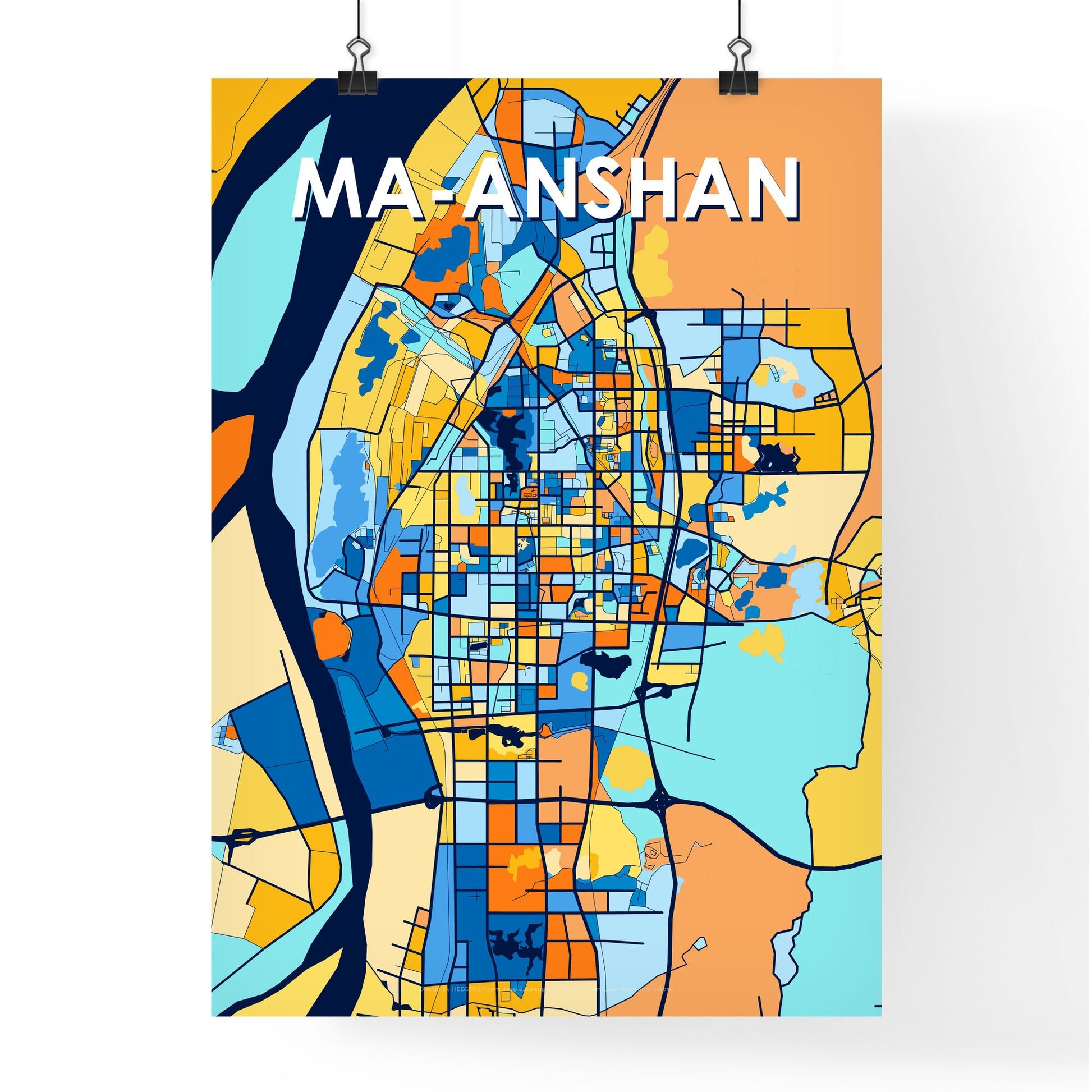 MA-ANSHAN CHINA Vibrant Colorful Art Map Poster Blue Orange