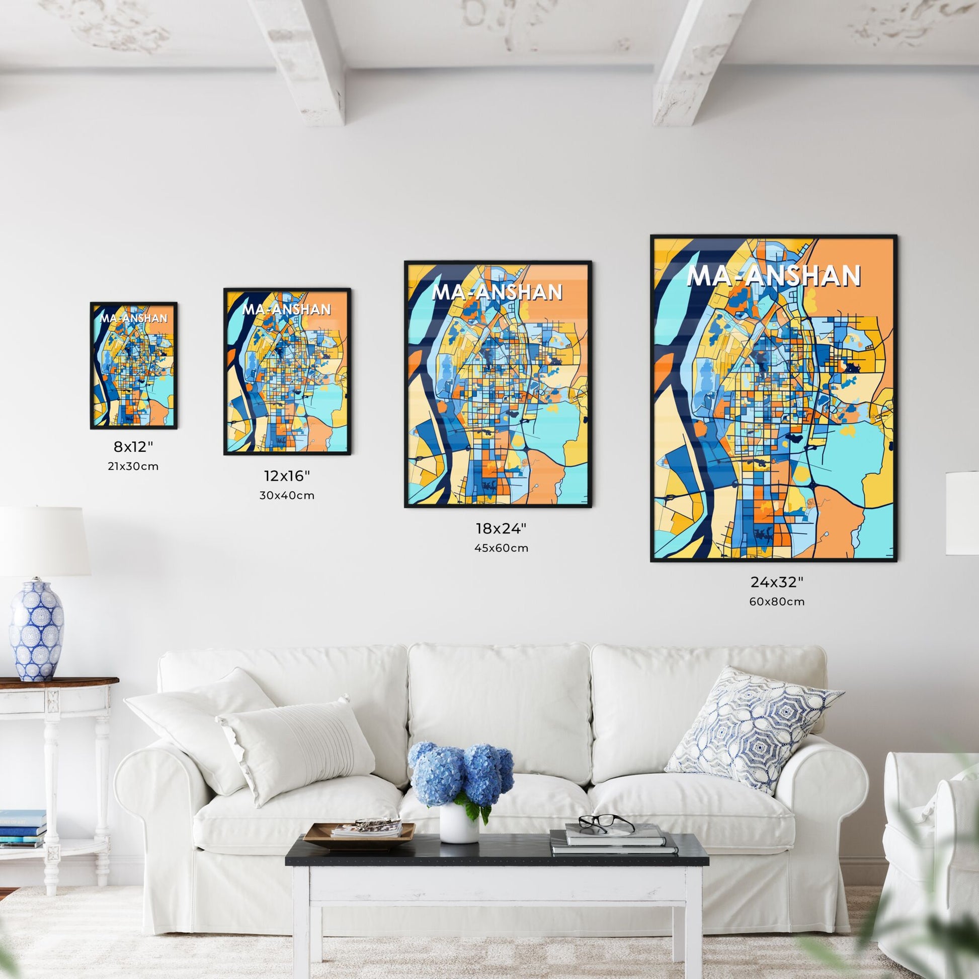 MA-ANSHAN CHINA Vibrant Colorful Art Map Poster Blue Orange