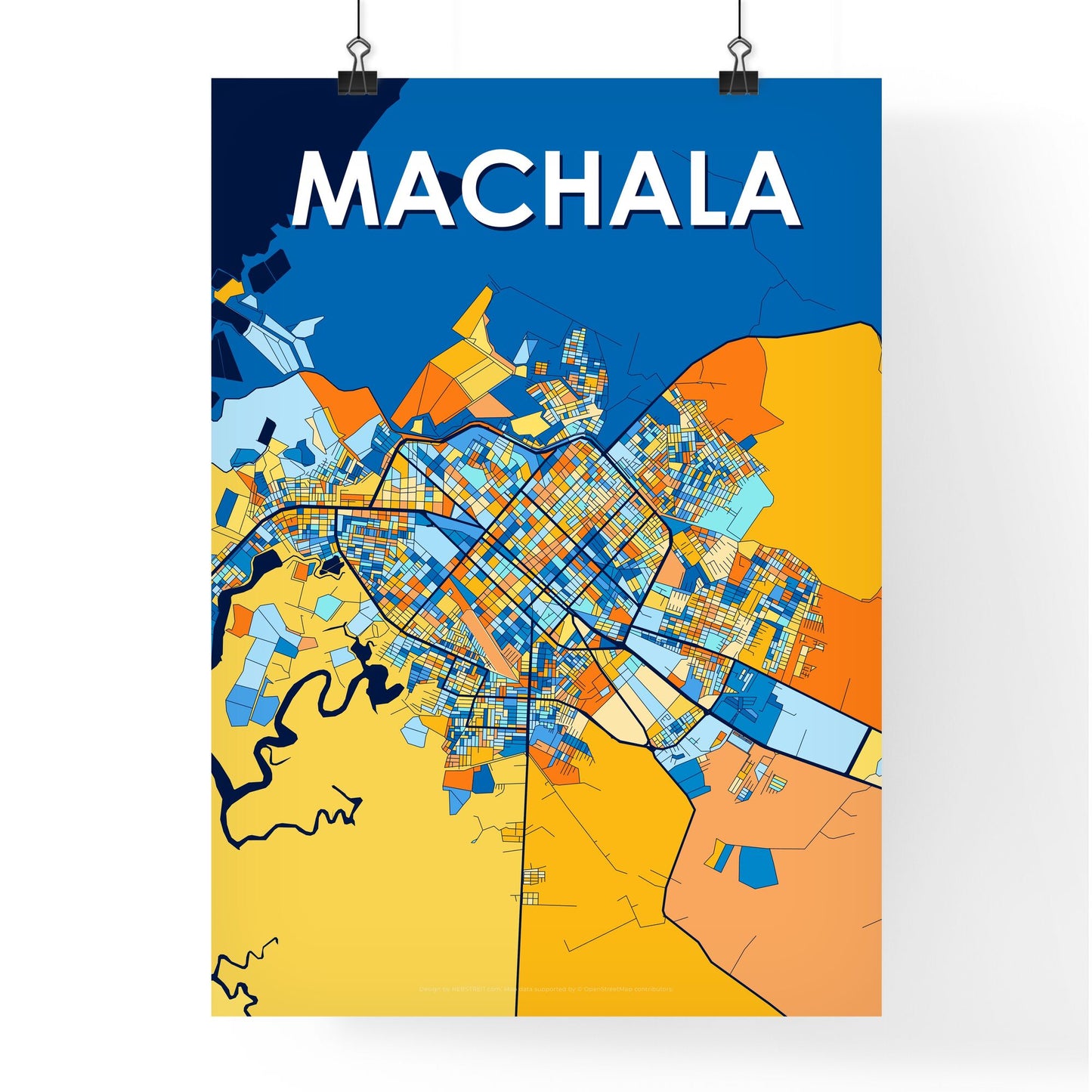 MACHALA ECUADOR Vibrant Colorful Art Map Poster Blue Orange