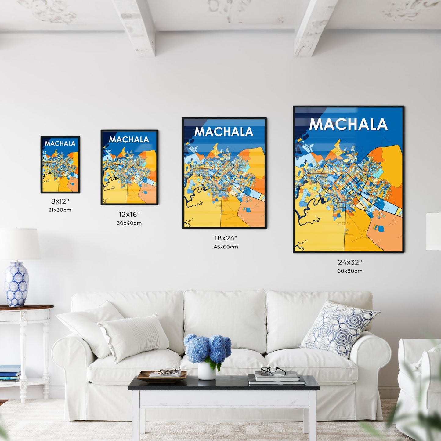 MACHALA ECUADOR Vibrant Colorful Art Map Poster Blue Orange