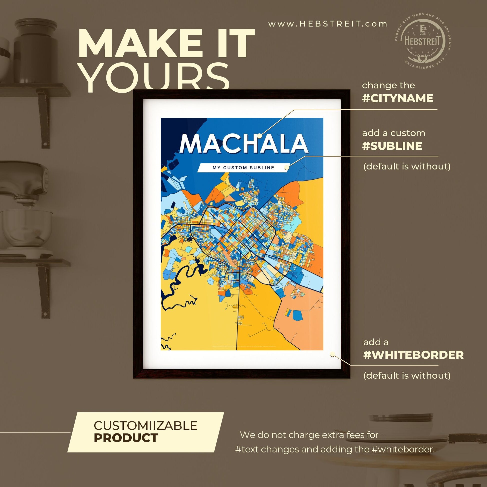 MACHALA ECUADOR Vibrant Colorful Art Map Poster Blue Orange