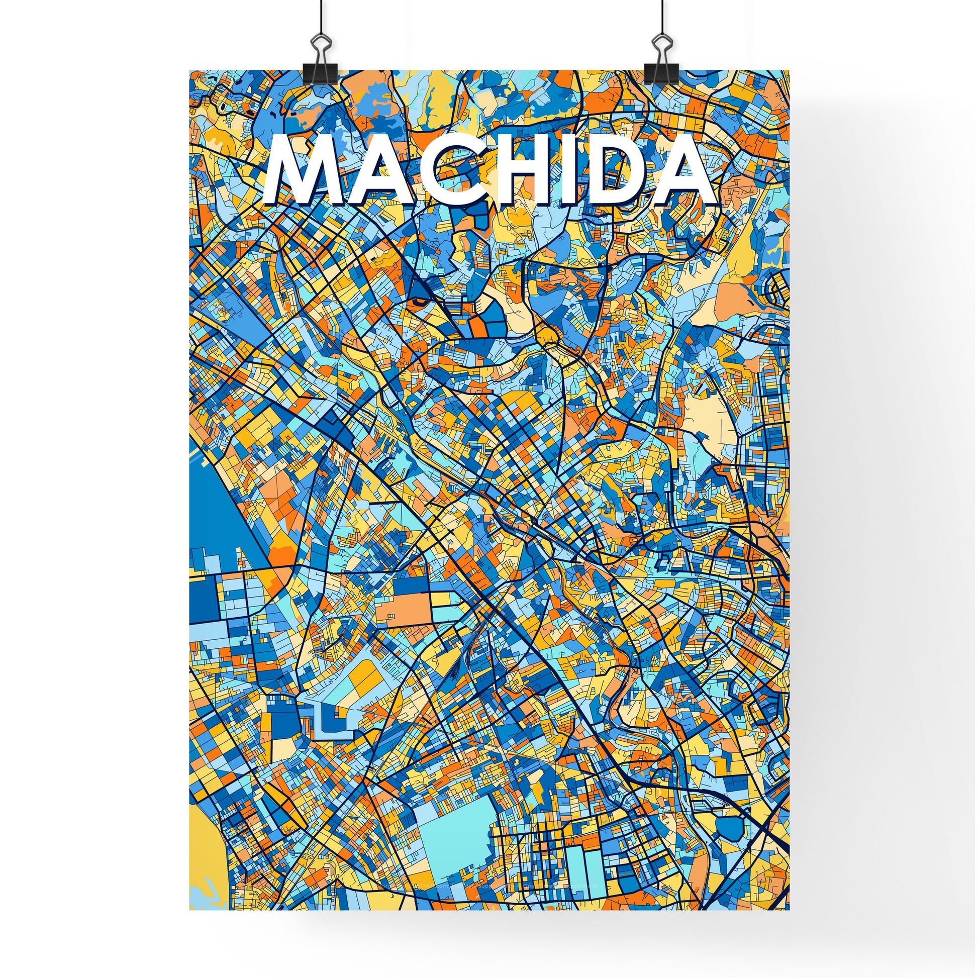 MACHIDA JAPAN Vibrant Colorful Art Map Poster Blue Orange