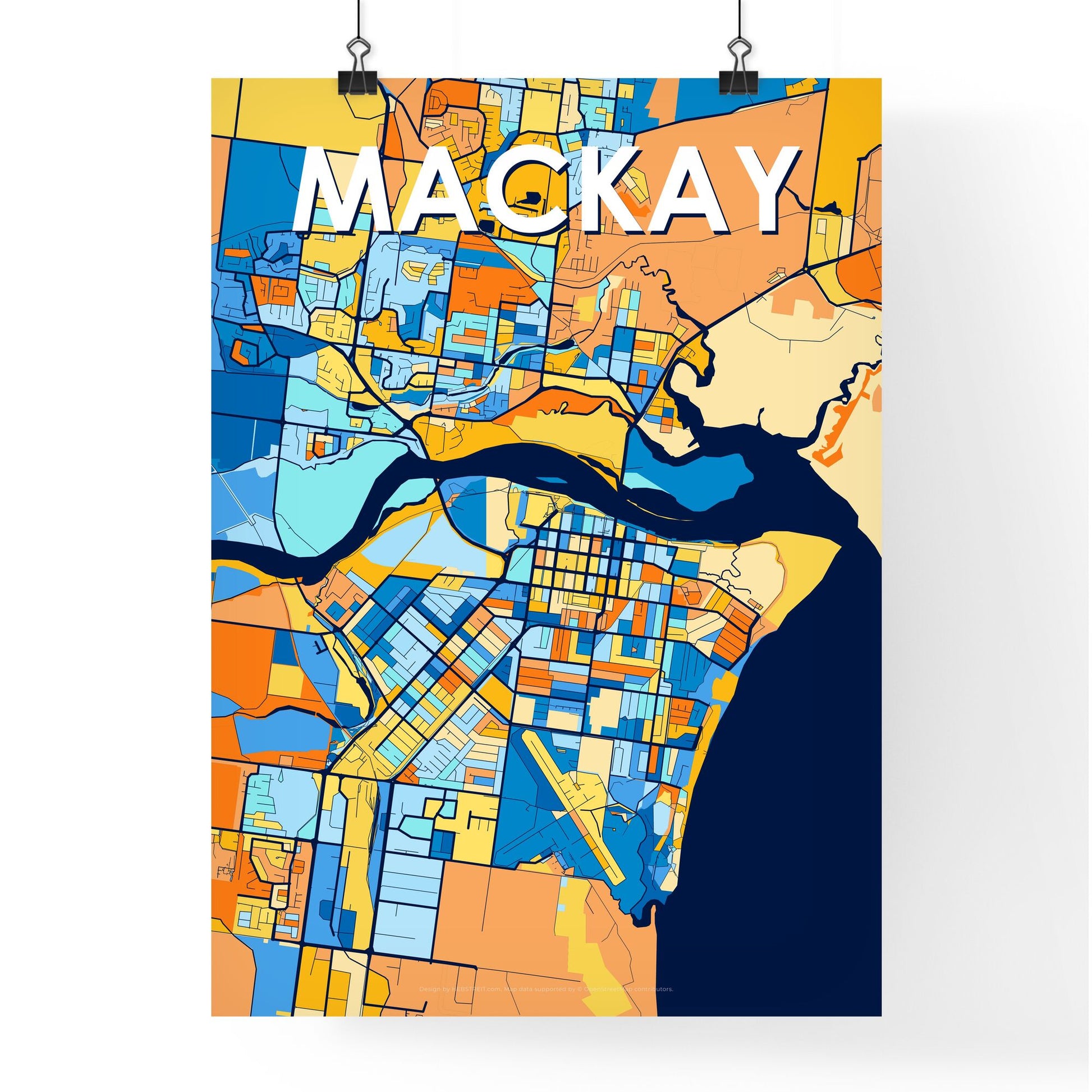 MACKAY AUSTRALIA Vibrant Colorful Art Map Poster Blue Orange