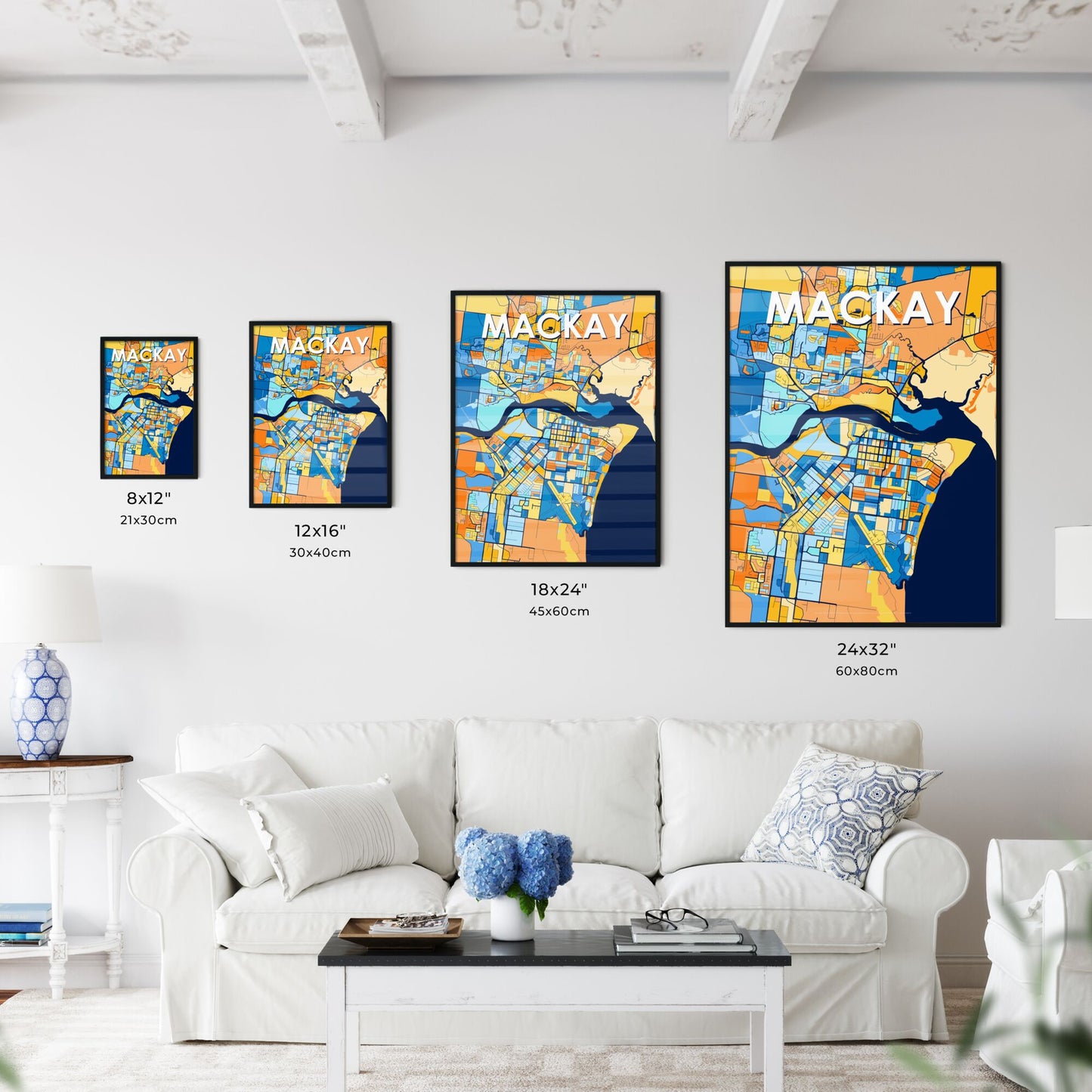 MACKAY AUSTRALIA Vibrant Colorful Art Map Poster Blue Orange