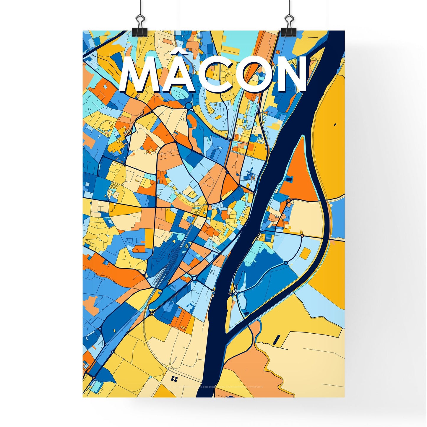MÂCON FRANCE Vibrant Colorful Art Map Poster Blue Orange