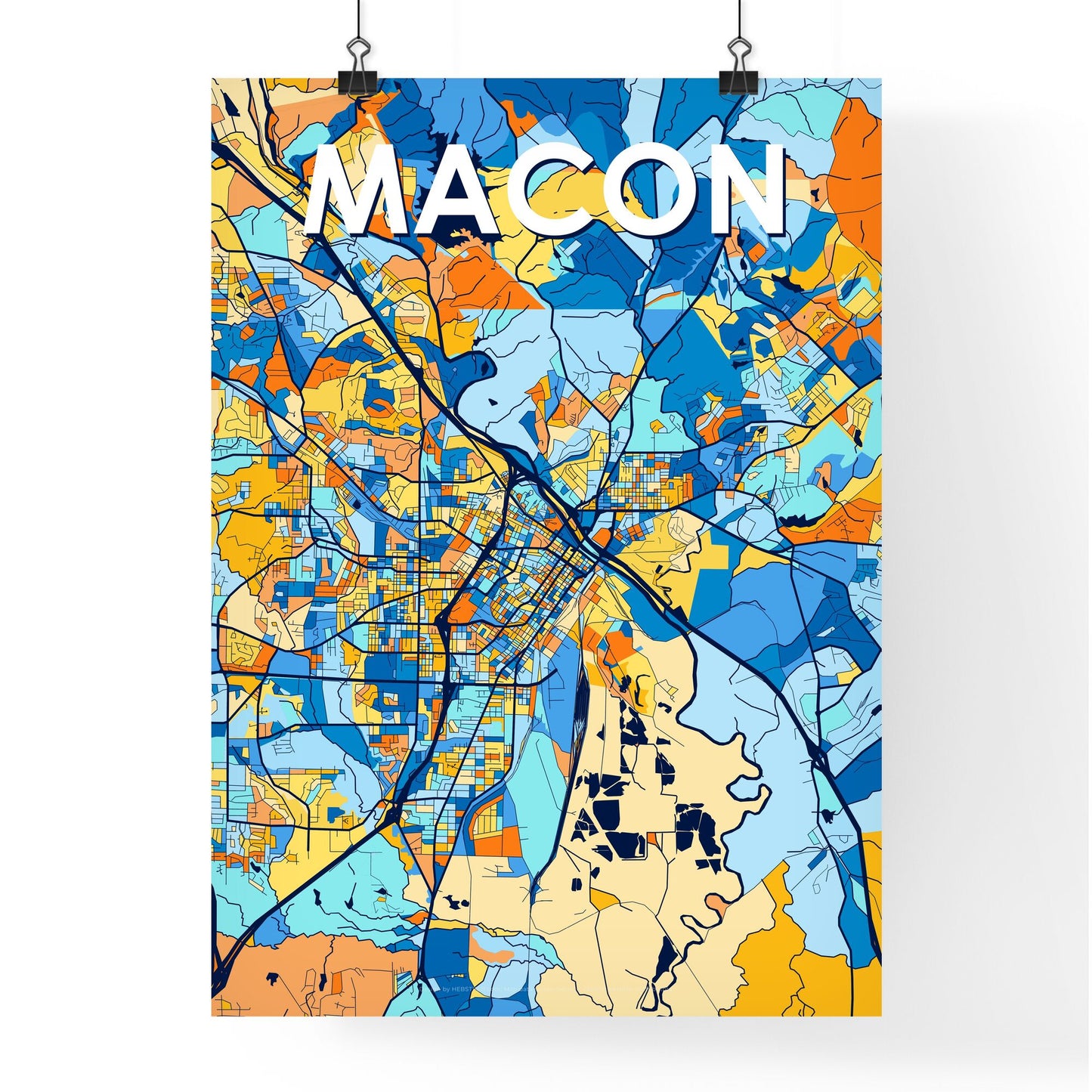 MACON GEORGIA Vibrant Colorful Art Map Poster Blue Orange