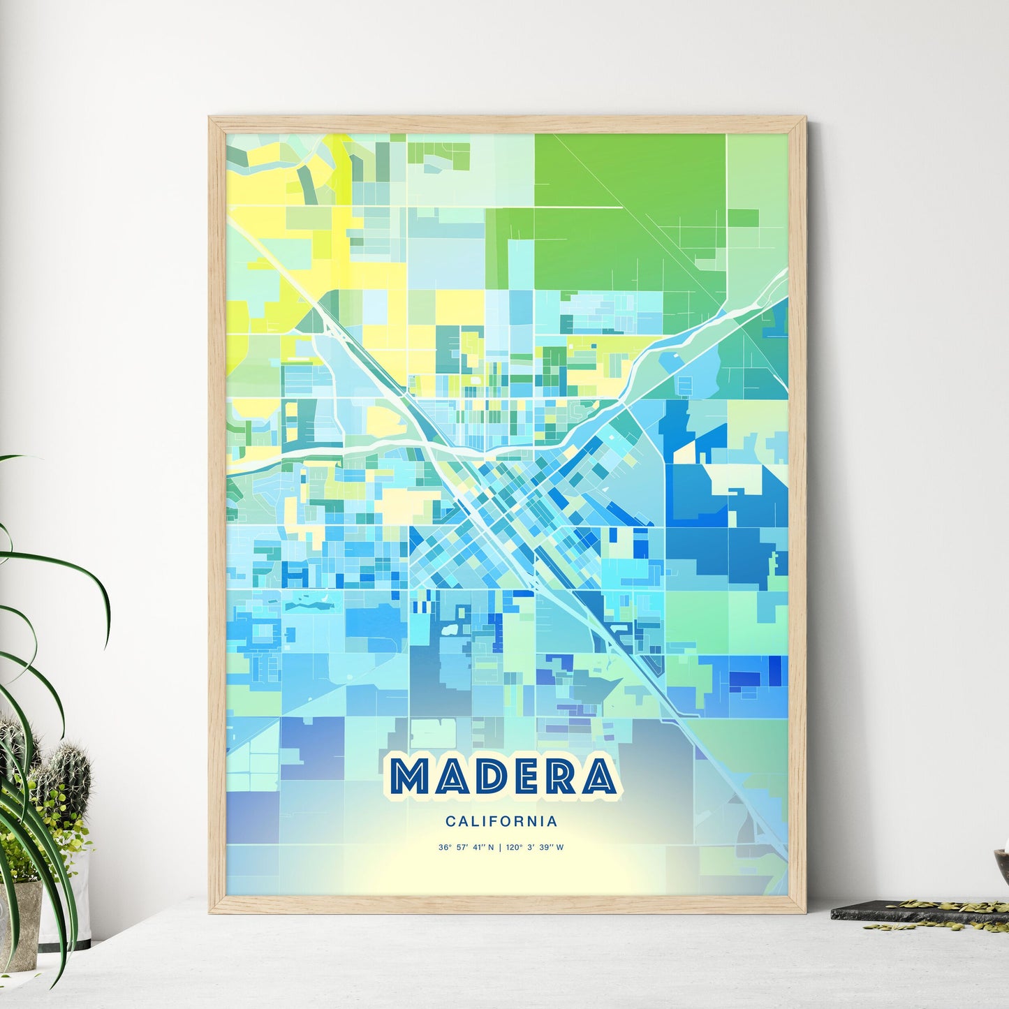 Colorful Madera California Fine Art Map Cool Blue