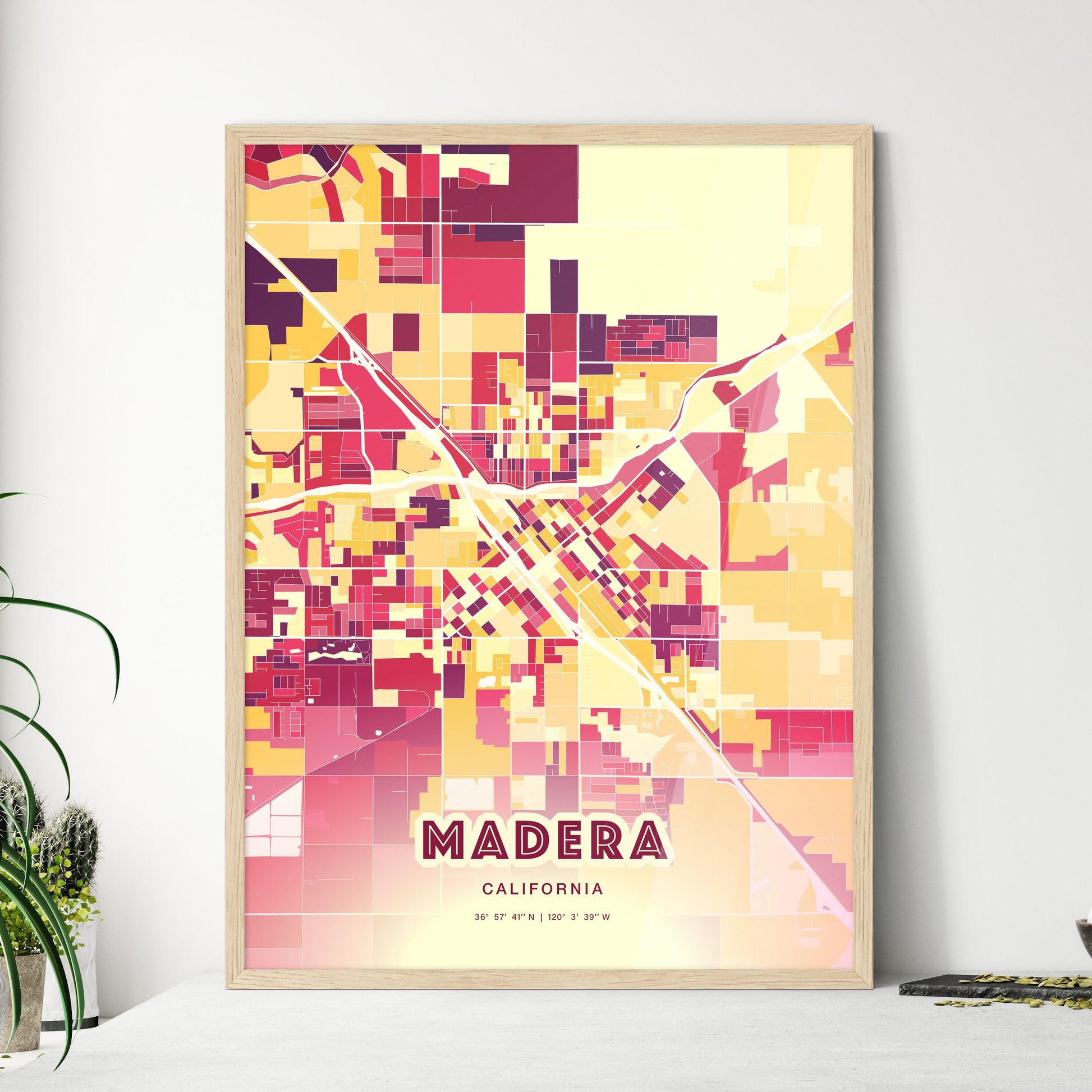 Colorful Madera California Fine Art Map Hot Red