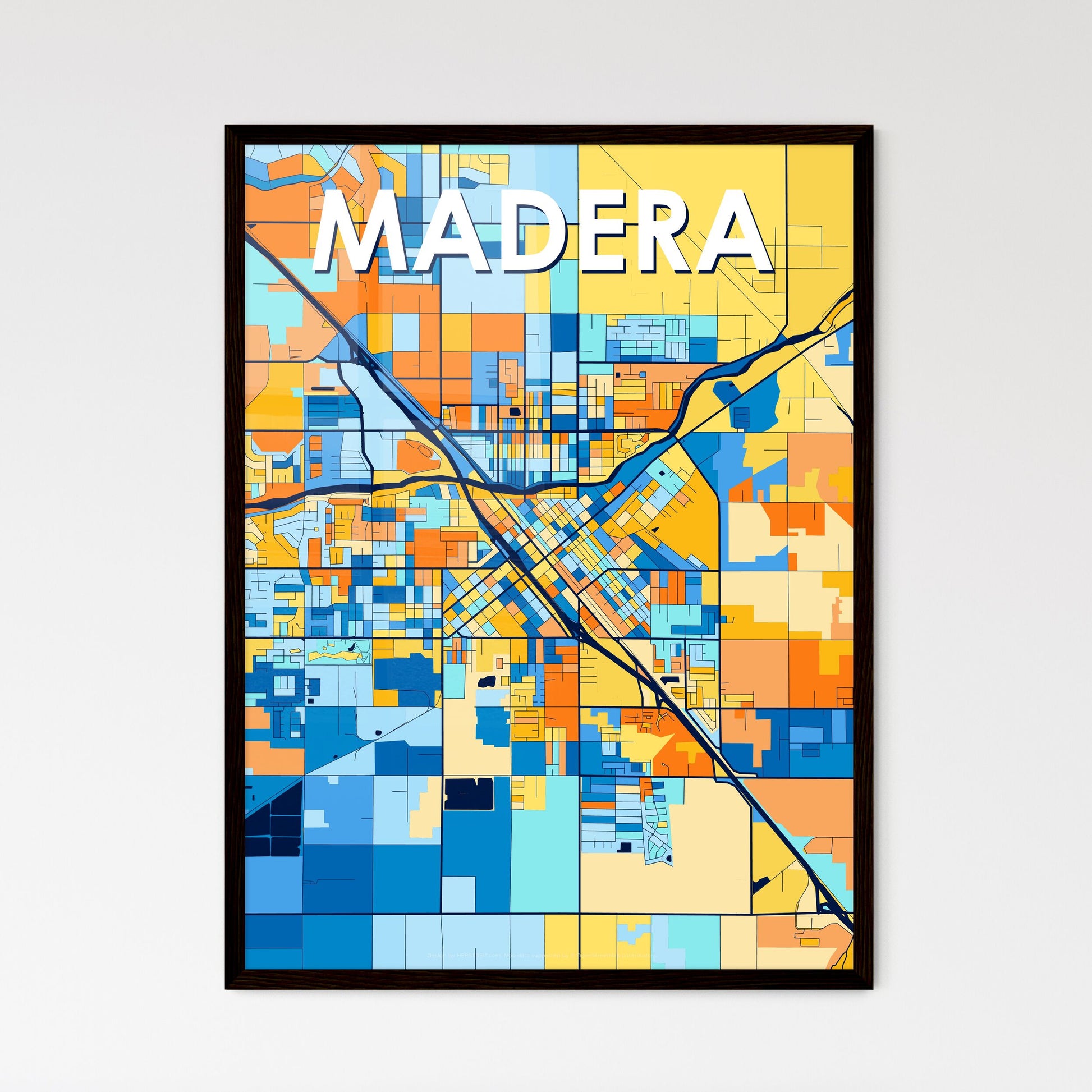 MADERA CALIFORNIA Vibrant Colorful Art Map Poster Blue Orange