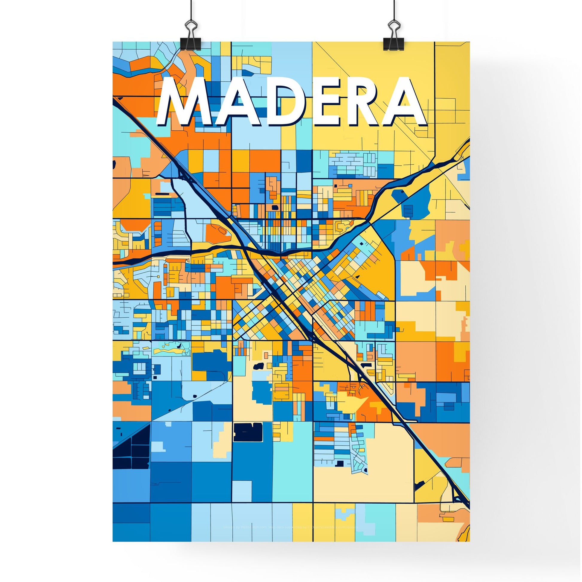 MADERA CALIFORNIA Vibrant Colorful Art Map Poster Blue Orange