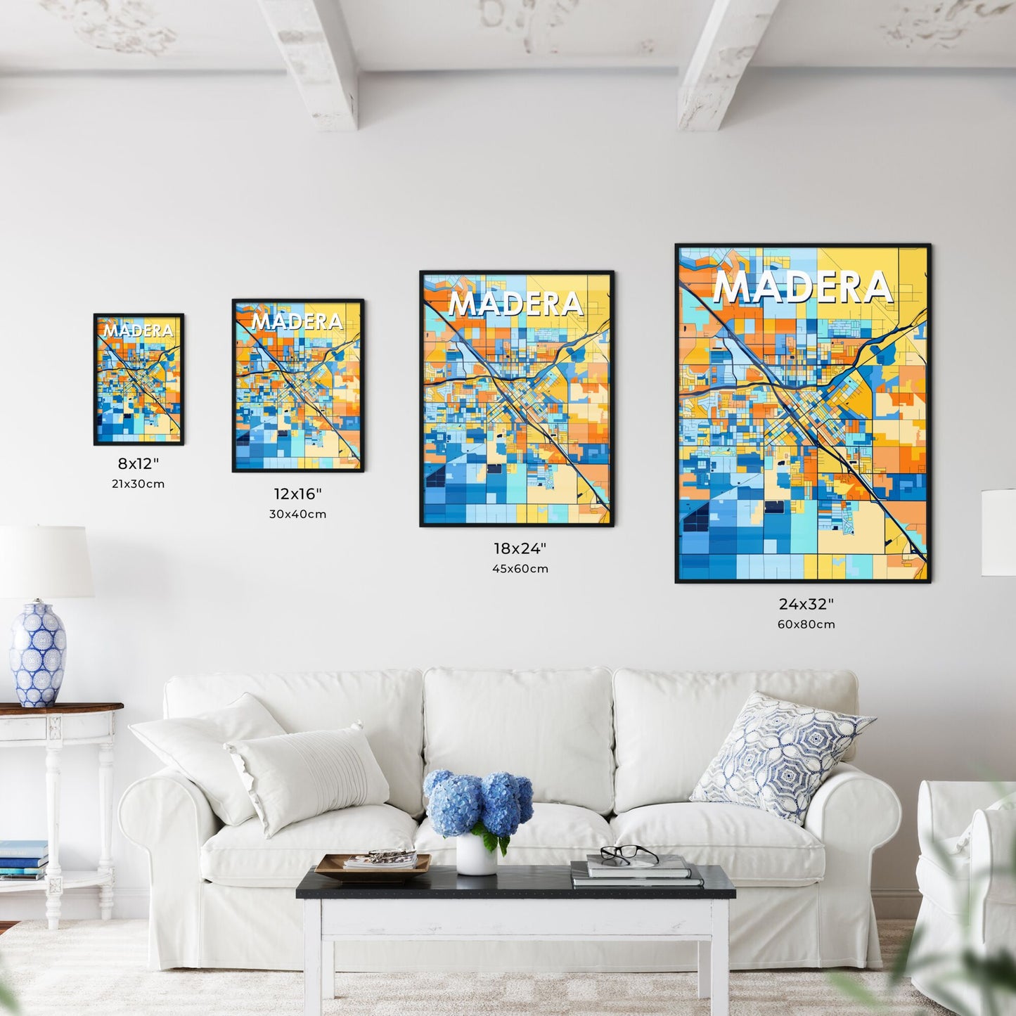 MADERA CALIFORNIA Vibrant Colorful Art Map Poster Blue Orange