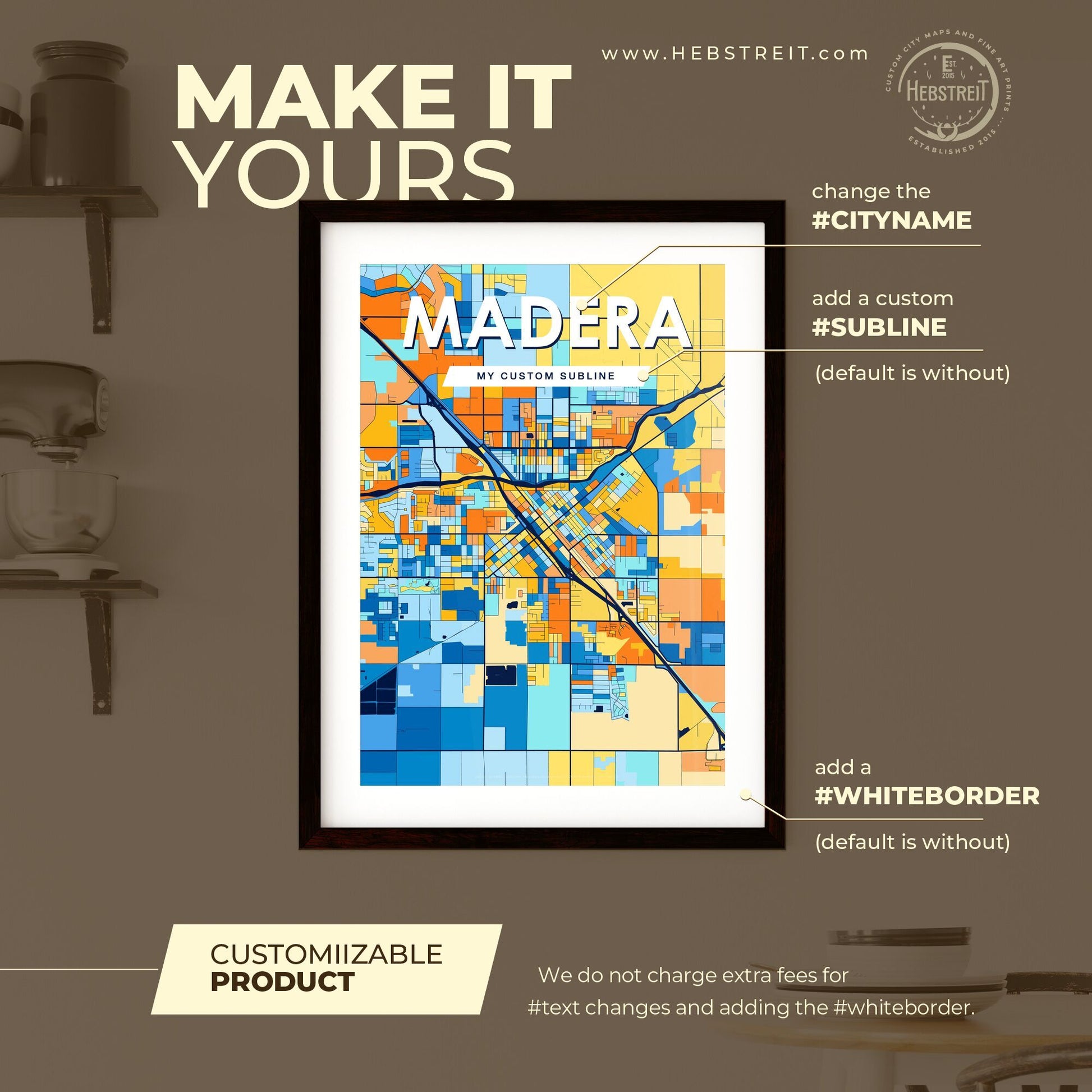 MADERA CALIFORNIA Vibrant Colorful Art Map Poster Blue Orange