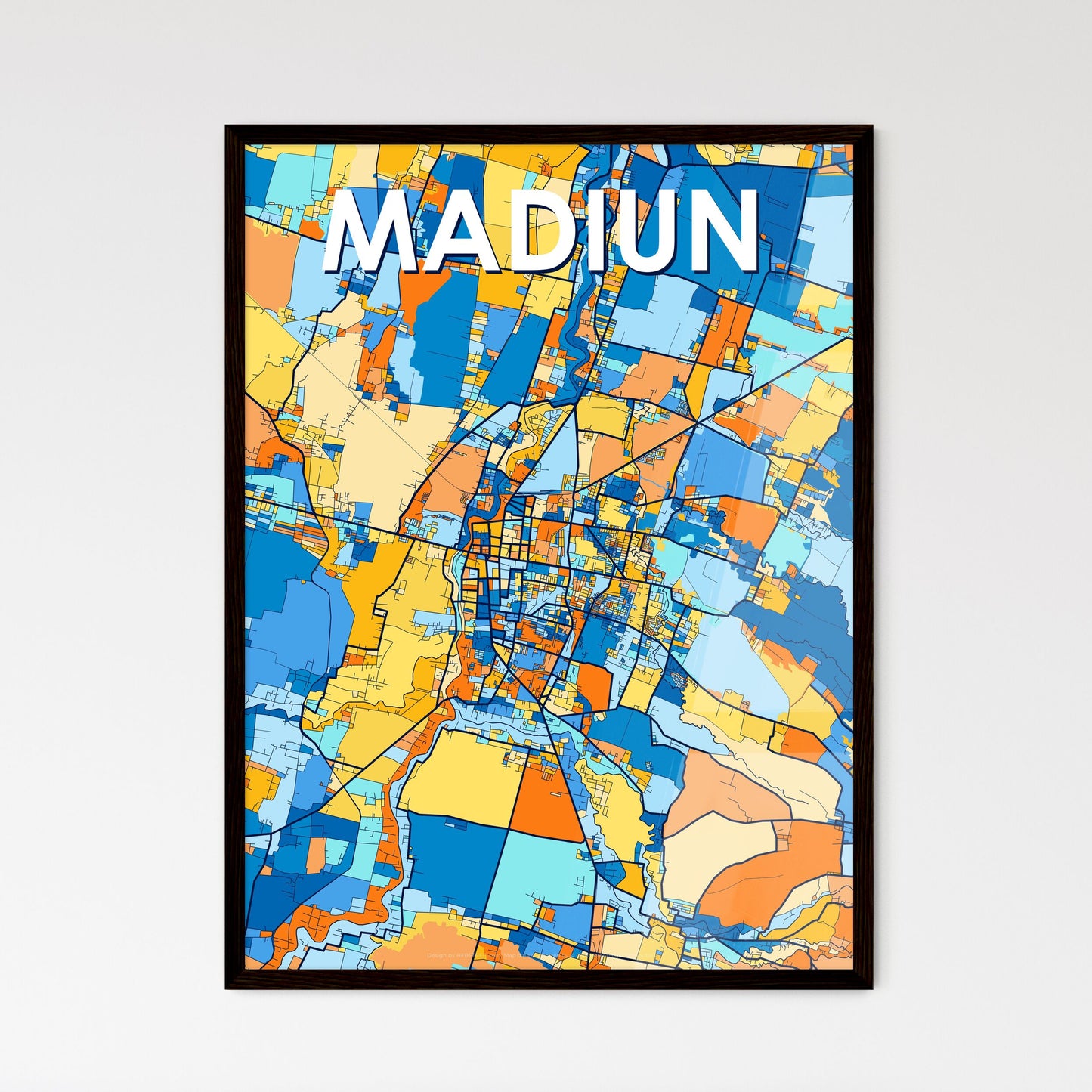 MADIUN INDONESIA Vibrant Colorful Art Map Poster Blue Orange