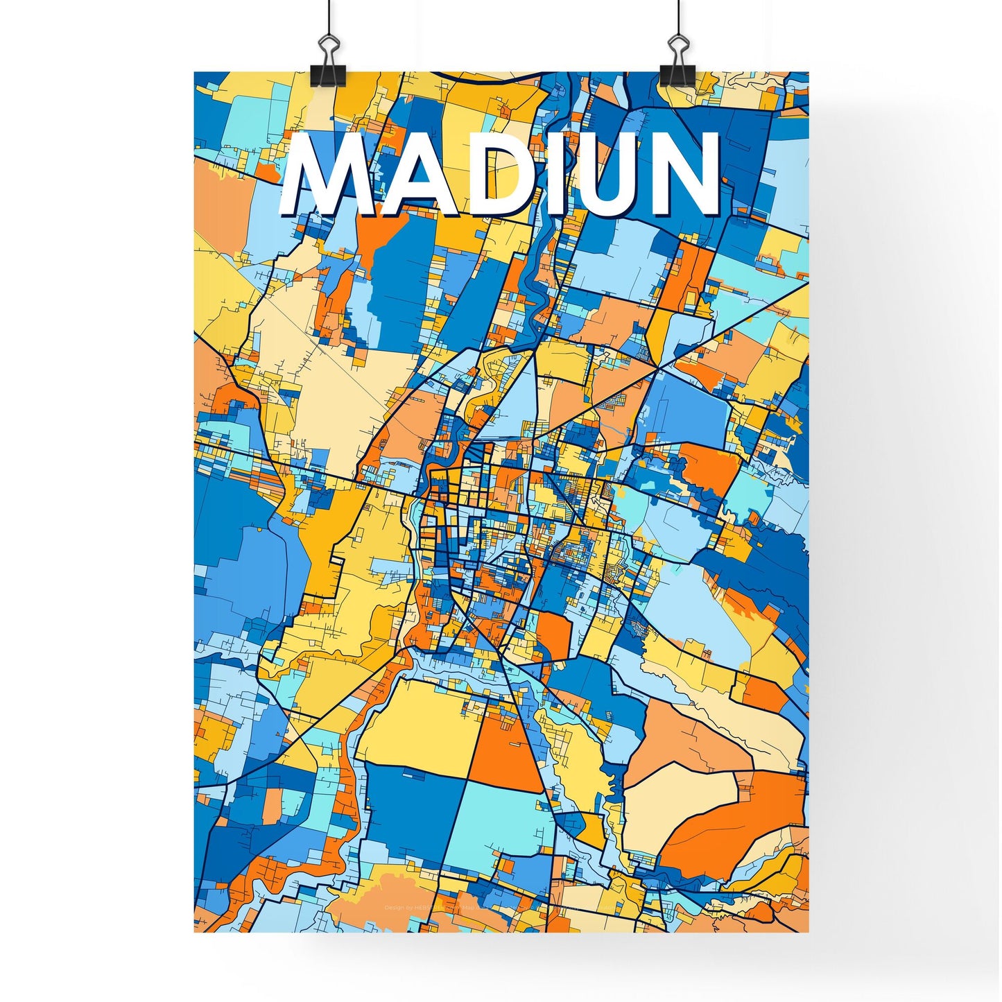 MADIUN INDONESIA Vibrant Colorful Art Map Poster Blue Orange