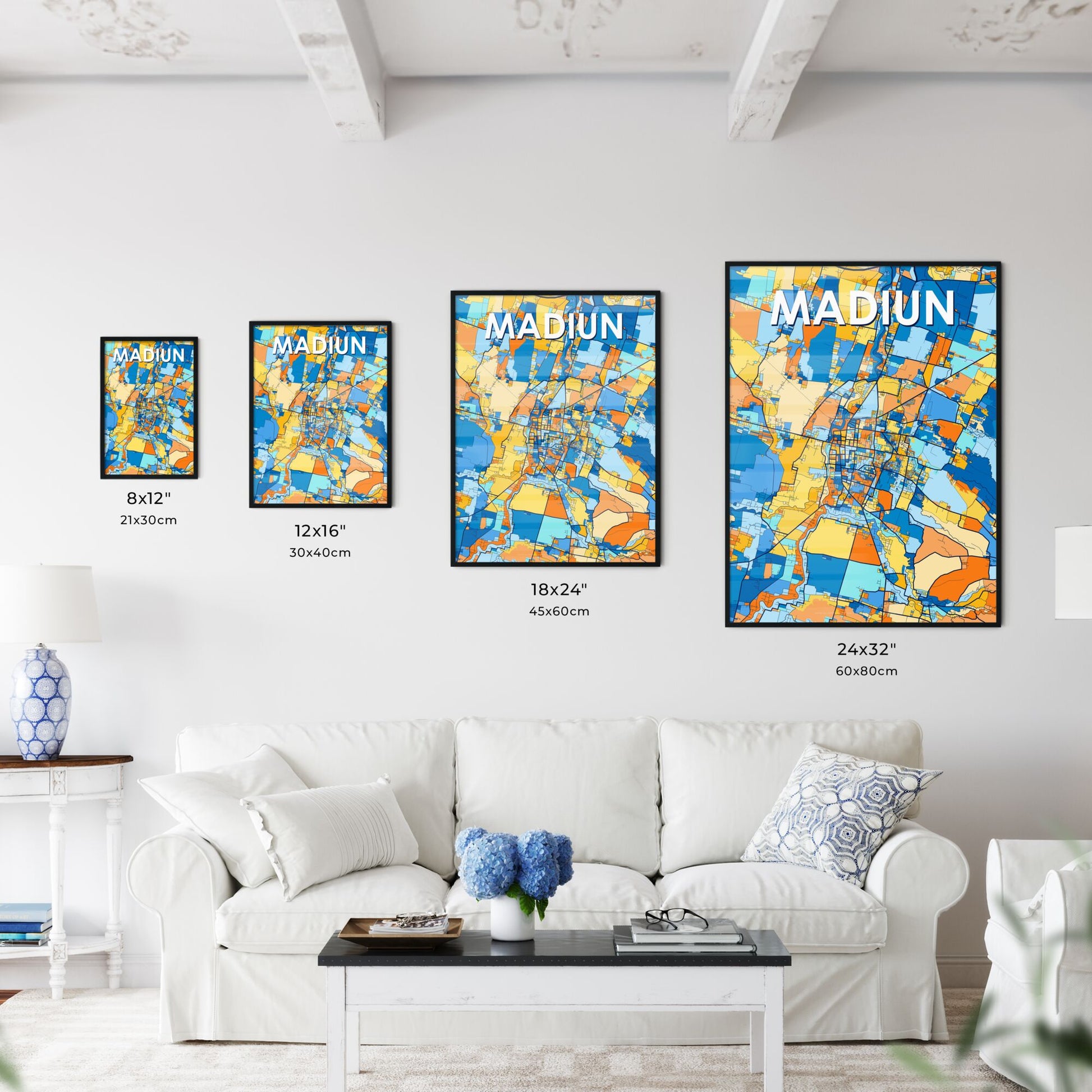 MADIUN INDONESIA Vibrant Colorful Art Map Poster Blue Orange