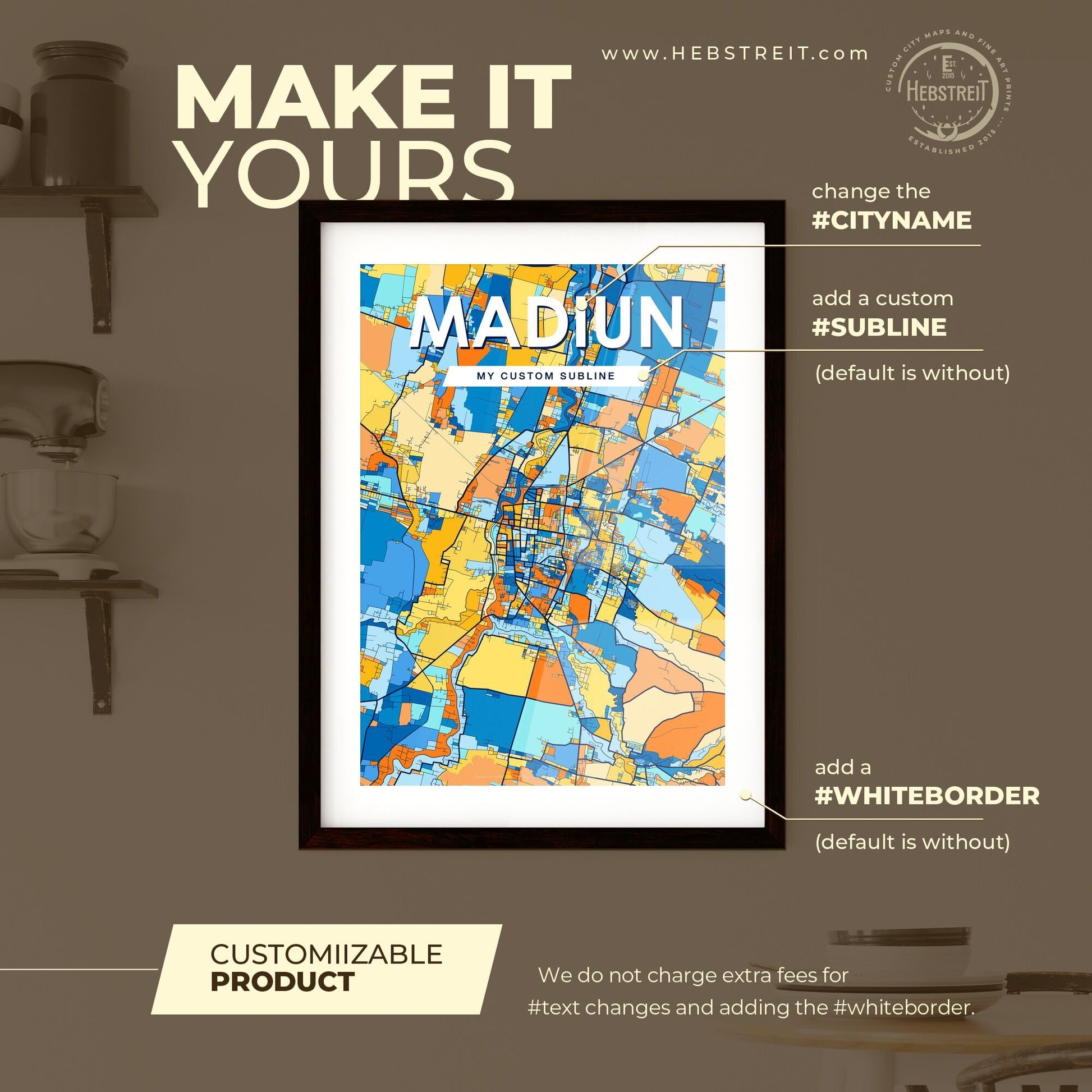 MADIUN INDONESIA Vibrant Colorful Art Map Poster Blue Orange