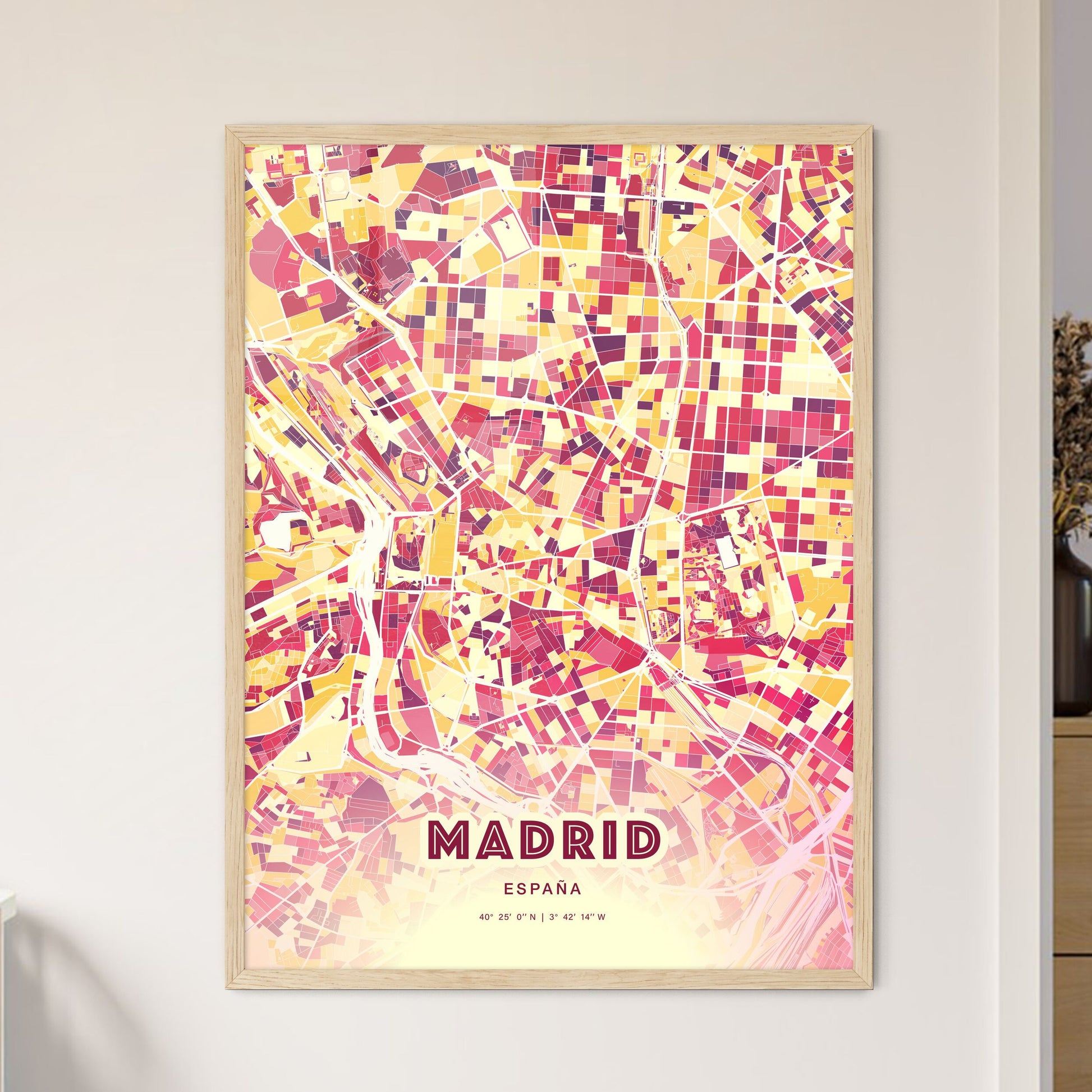 Colorful Madrid Spain Fine Art Map Hot Red