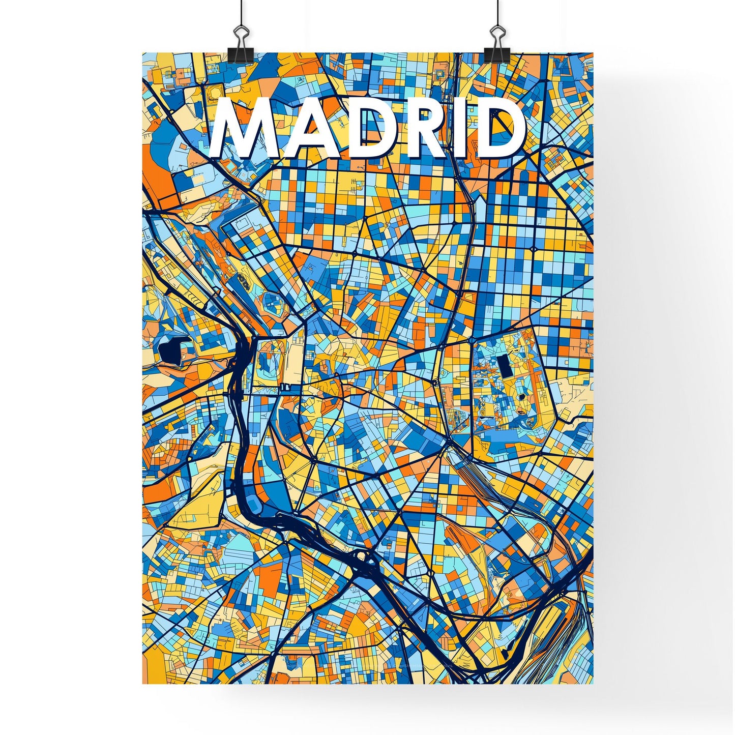 MADRID SPAIN Vibrant Colorful Art Map Poster Blue Orange