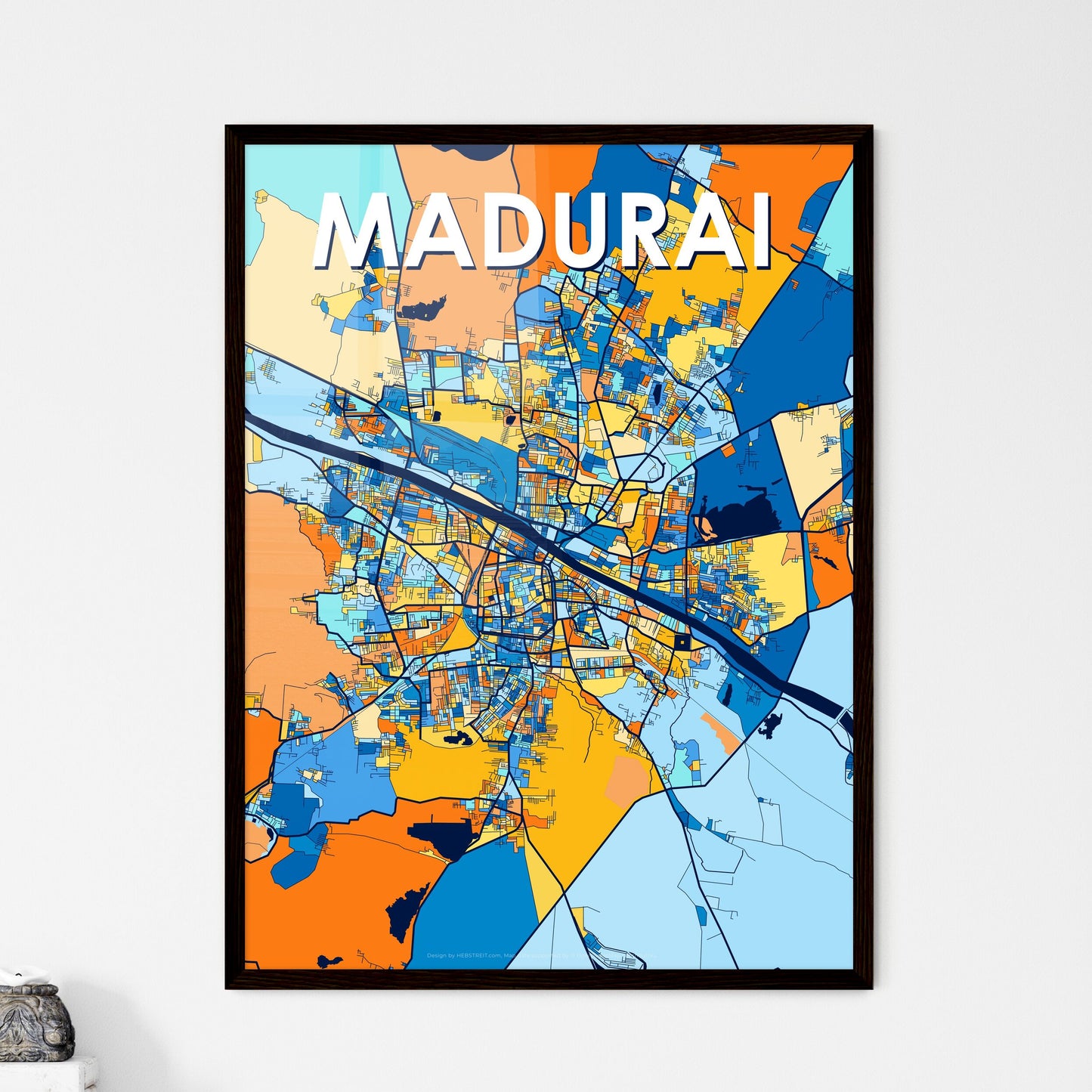 MADURAI INDIA Vibrant Colorful Art Map Poster Blue Orange