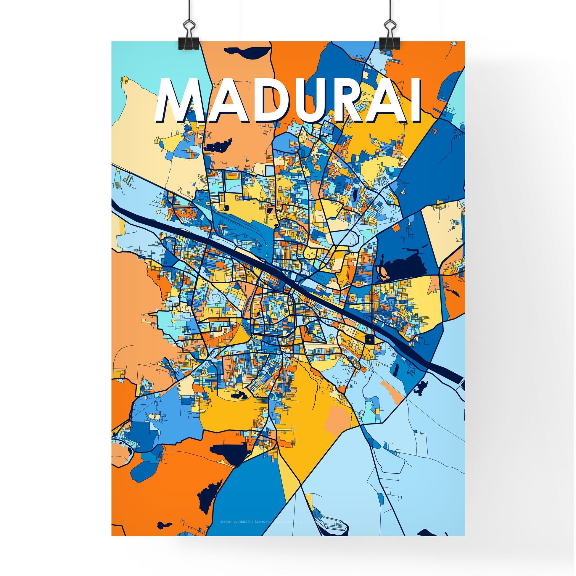 MADURAI INDIA Vibrant Colorful Art Map Poster Blue Orange