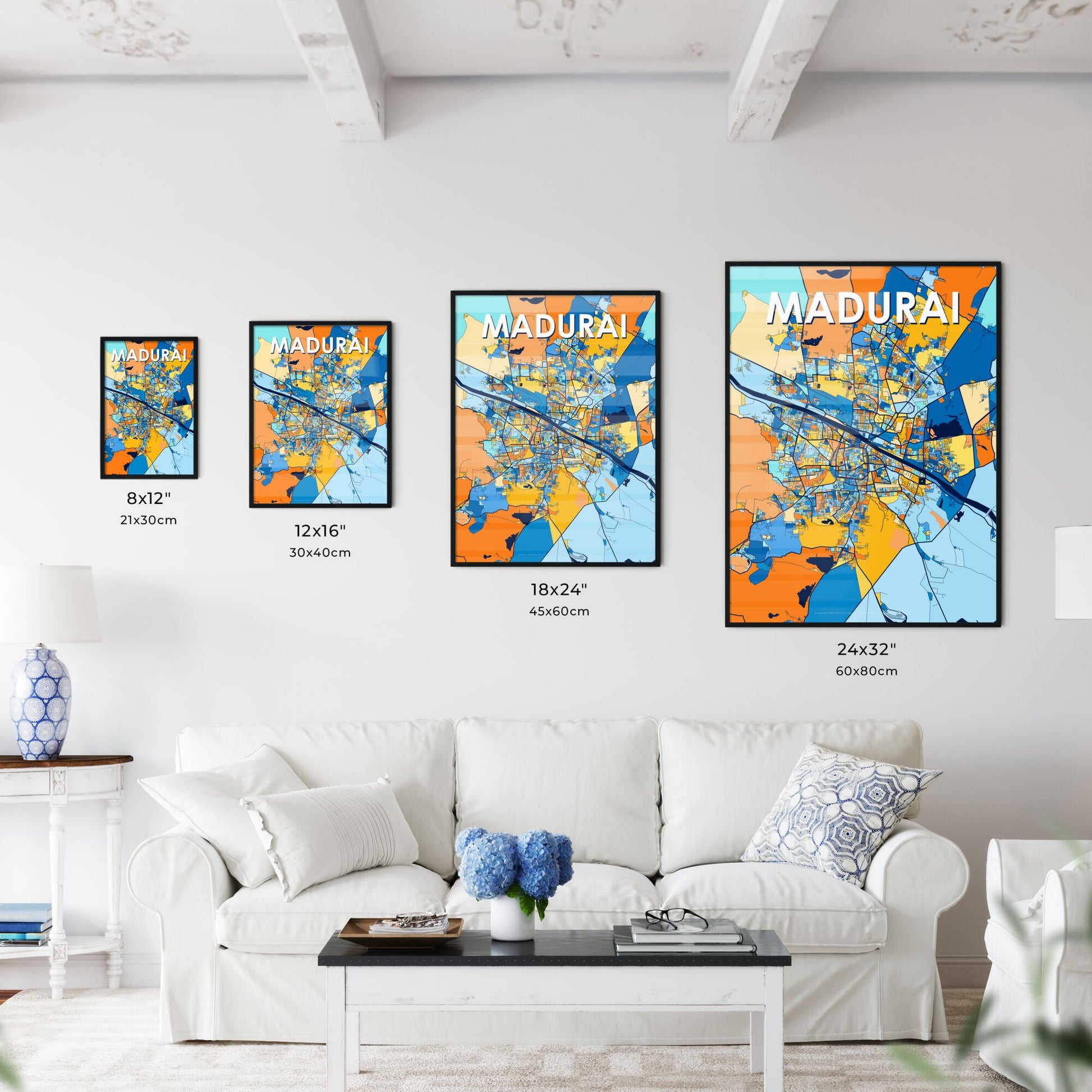 MADURAI INDIA Vibrant Colorful Art Map Poster Blue Orange