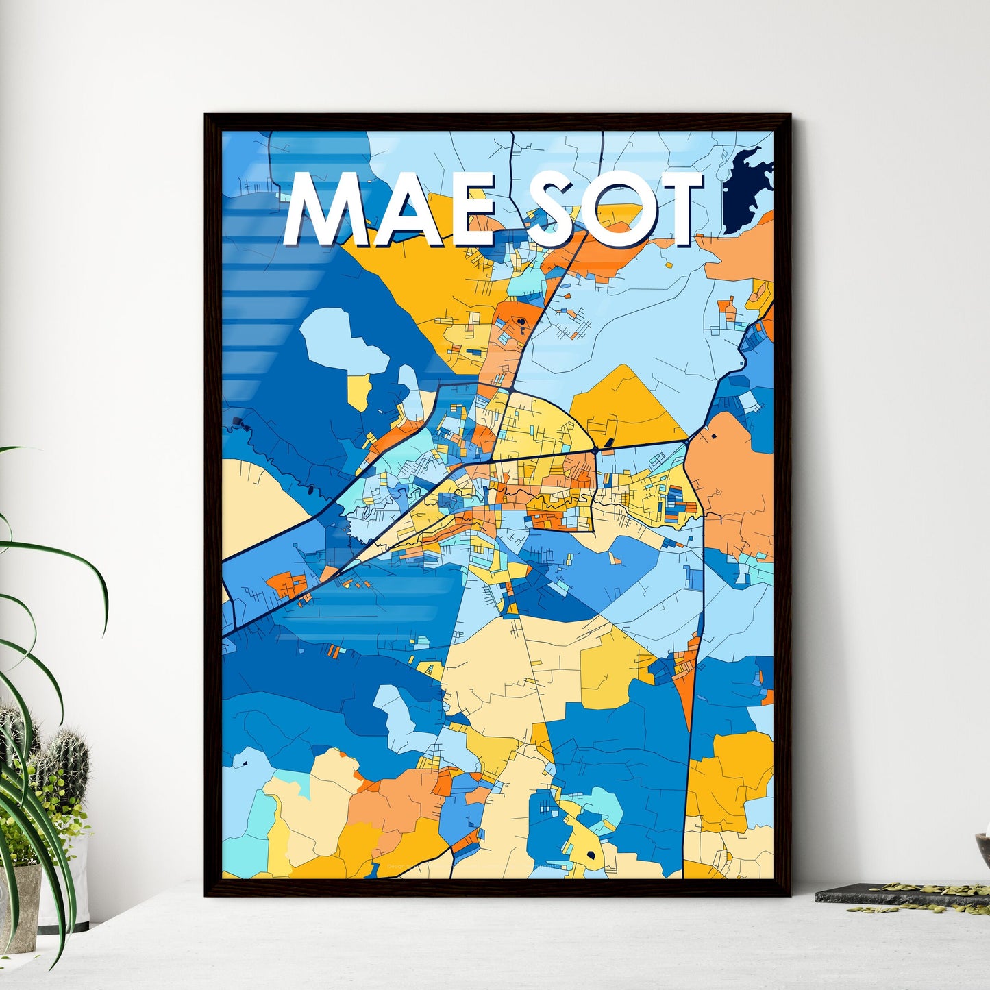 MAE SOT THAILAND Vibrant Colorful Art Map Poster Blue Orange