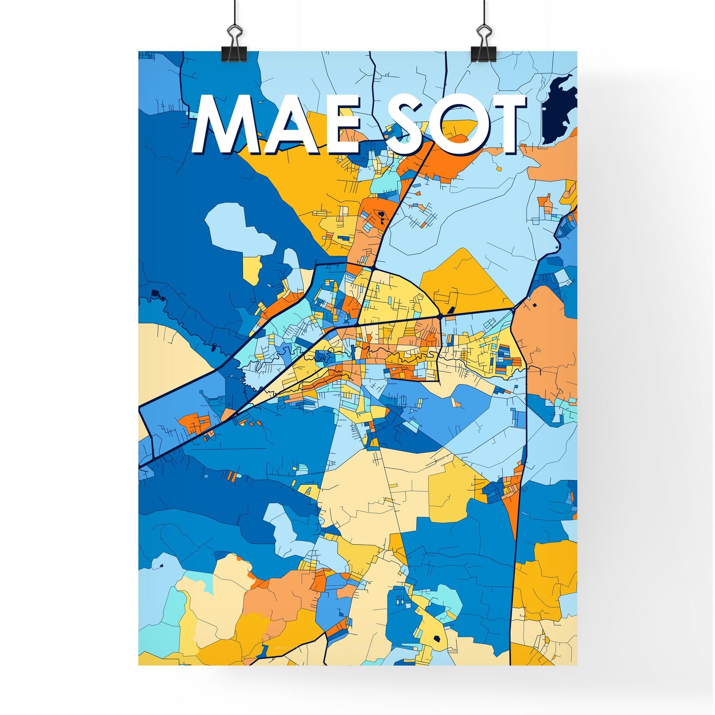 MAE SOT THAILAND Vibrant Colorful Art Map Poster Blue Orange