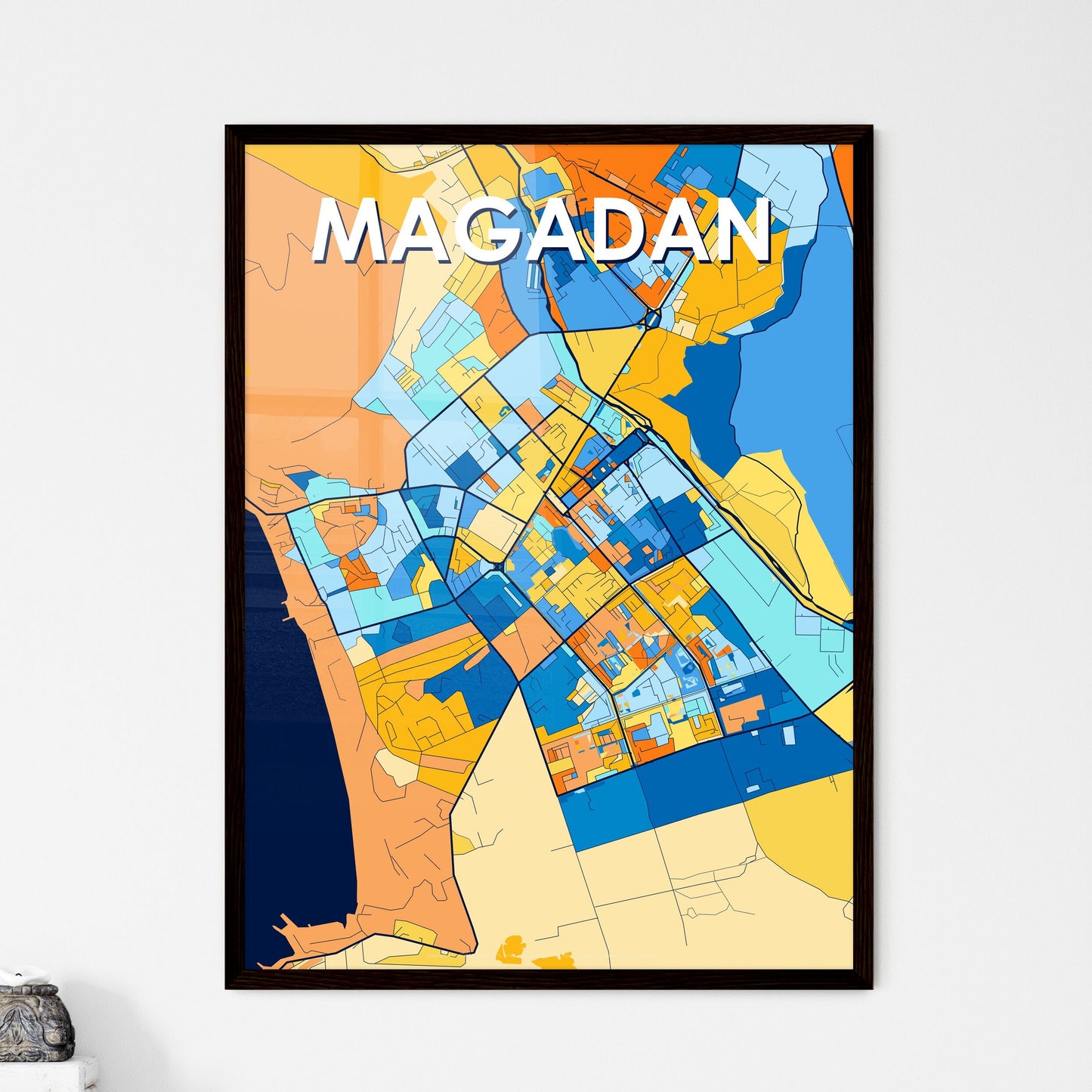 MAGADAN RUSSIA Vibrant Colorful Art Map Poster Blue Orange