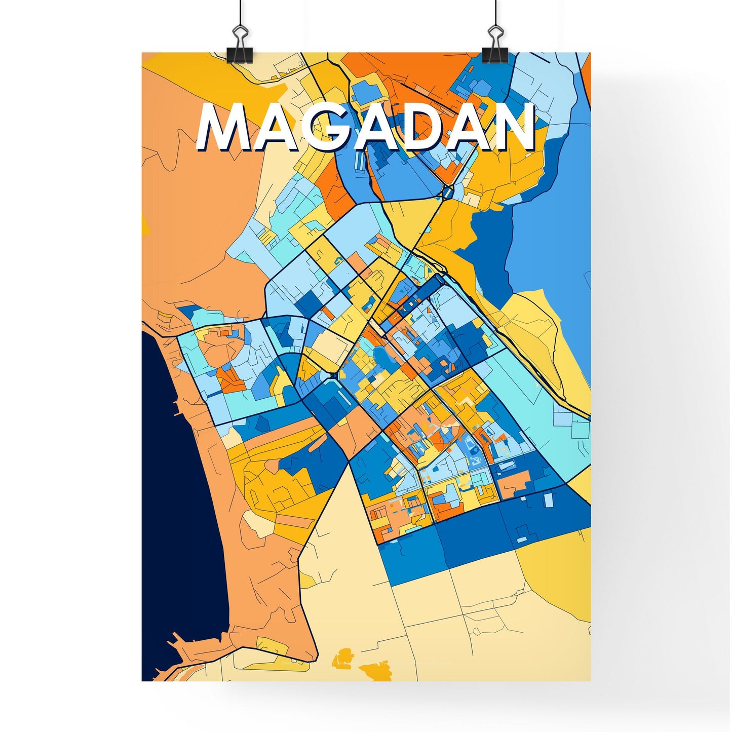 MAGADAN RUSSIA Vibrant Colorful Art Map Poster Blue Orange