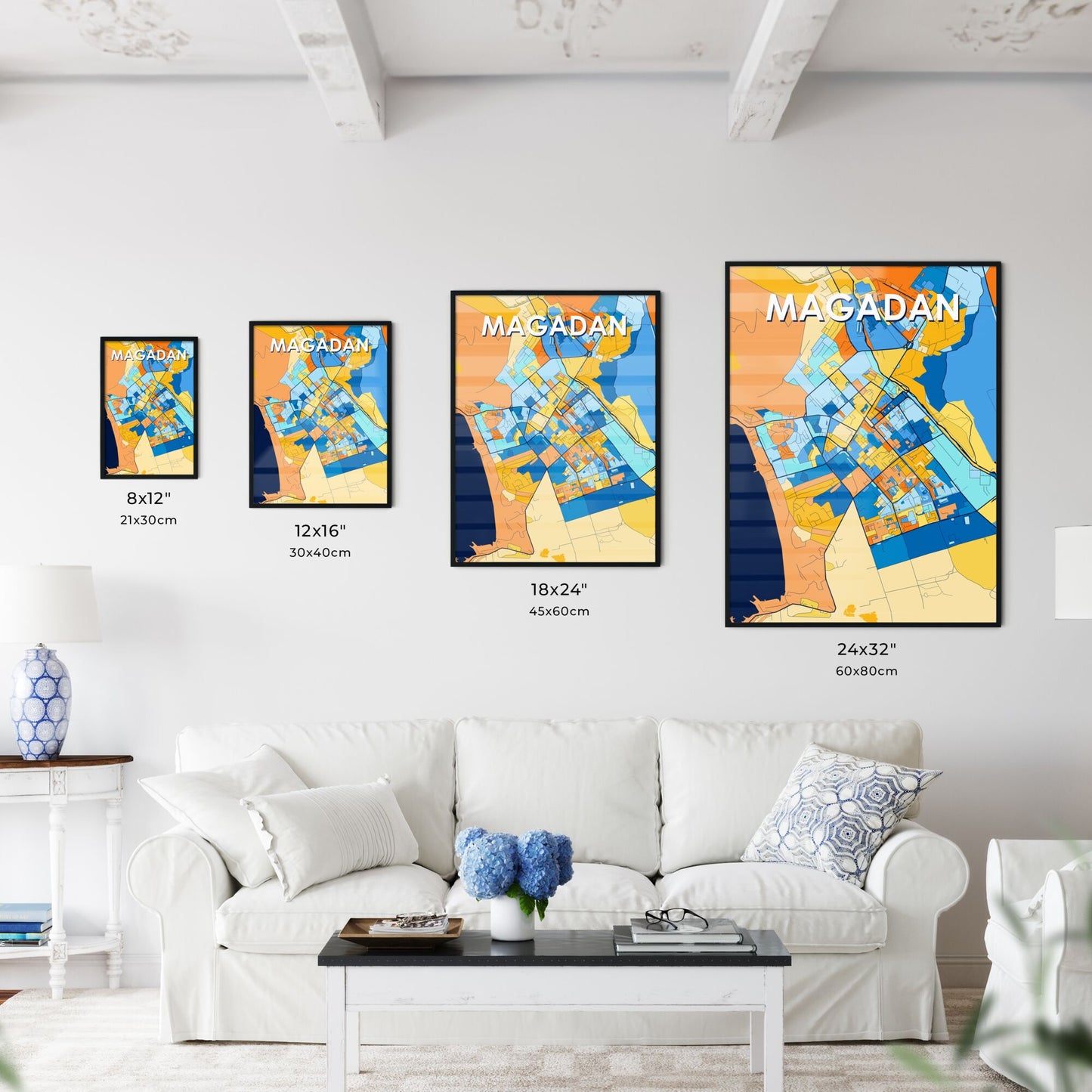 MAGADAN RUSSIA Vibrant Colorful Art Map Poster Blue Orange