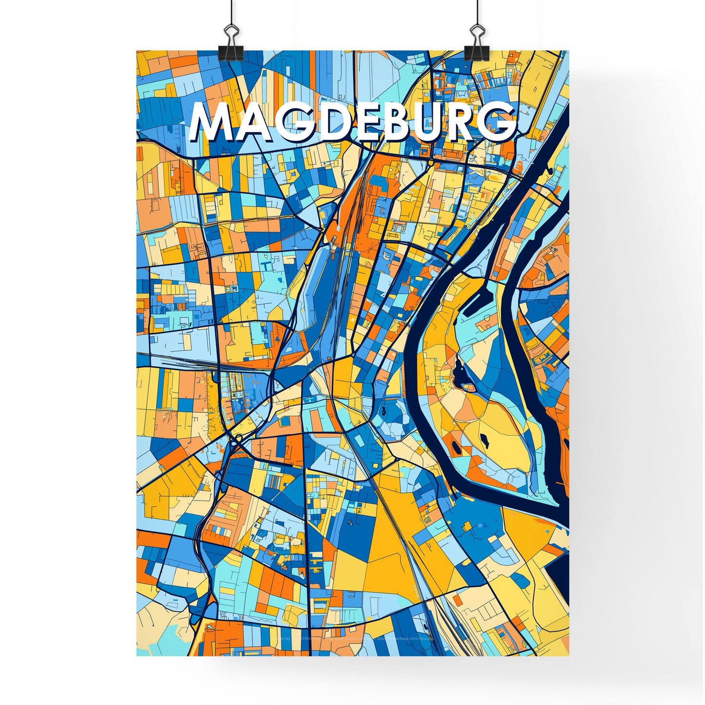 MAGDEBURG GERMANY Vibrant Colorful Art Map Poster Blue Orange