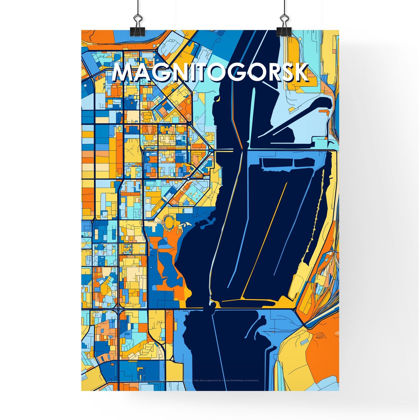 MAGNITOGORSK RUSSIA Vibrant Colorful Art Map Poster Blue Orange