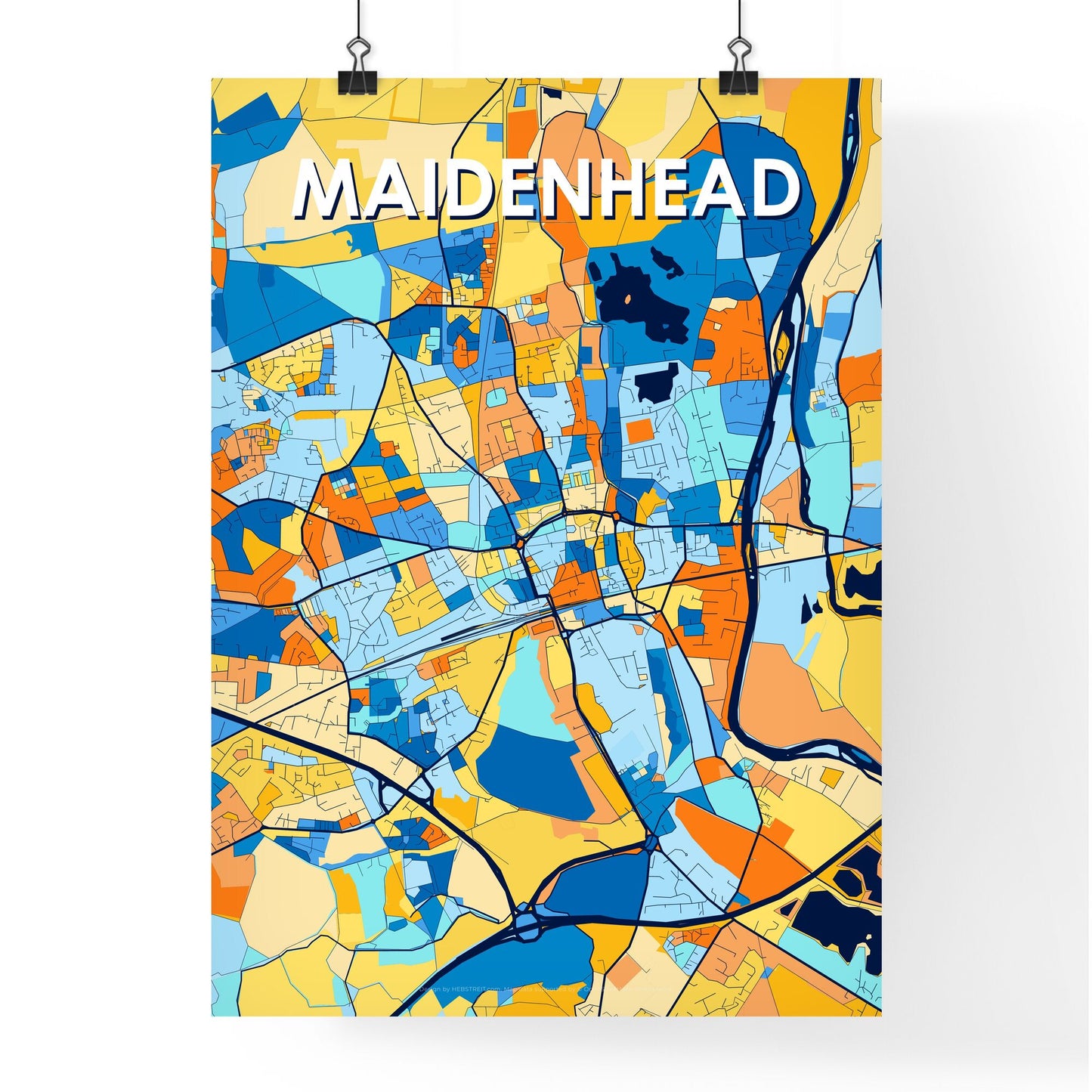 MAIDENHEAD ENGLAND Vibrant Colorful Art Map Poster Blue Orange