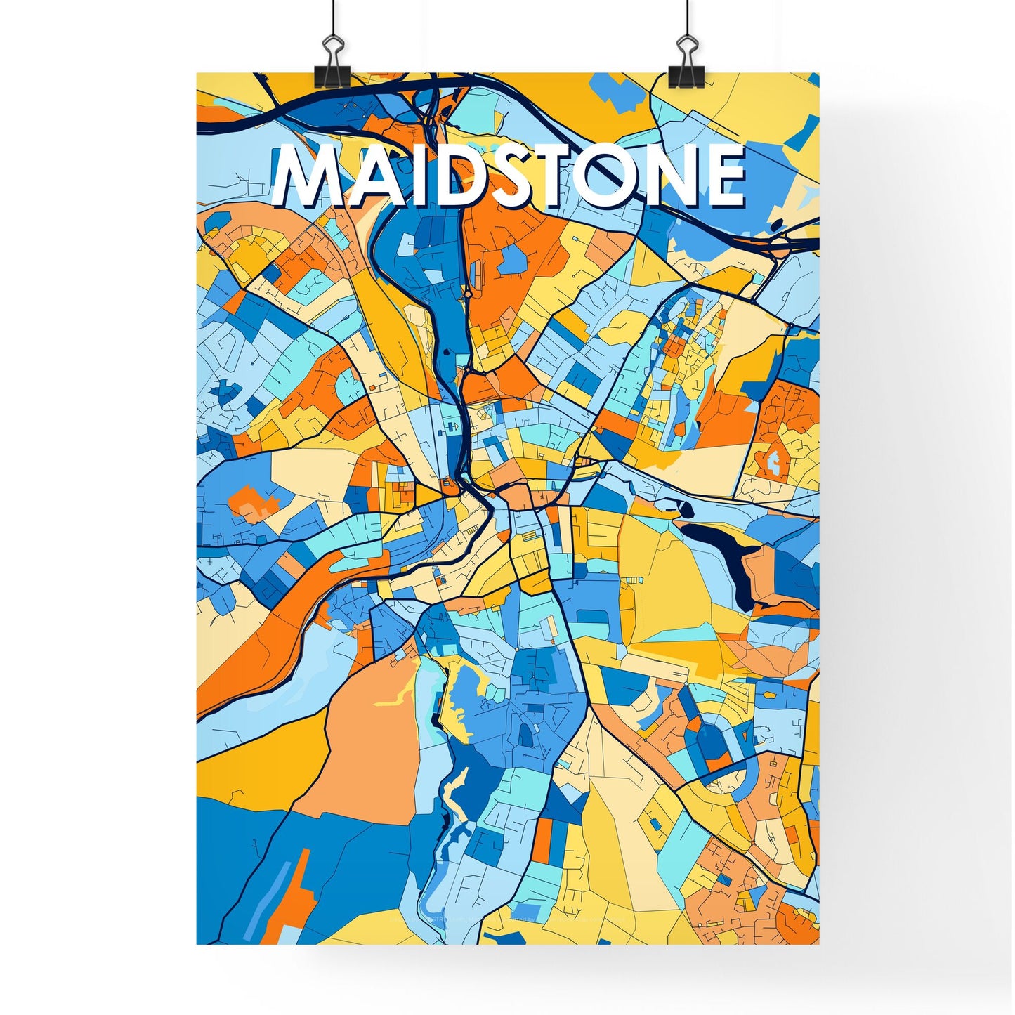 MAIDSTONE ENGLAND Vibrant Colorful Art Map Poster Blue Orange