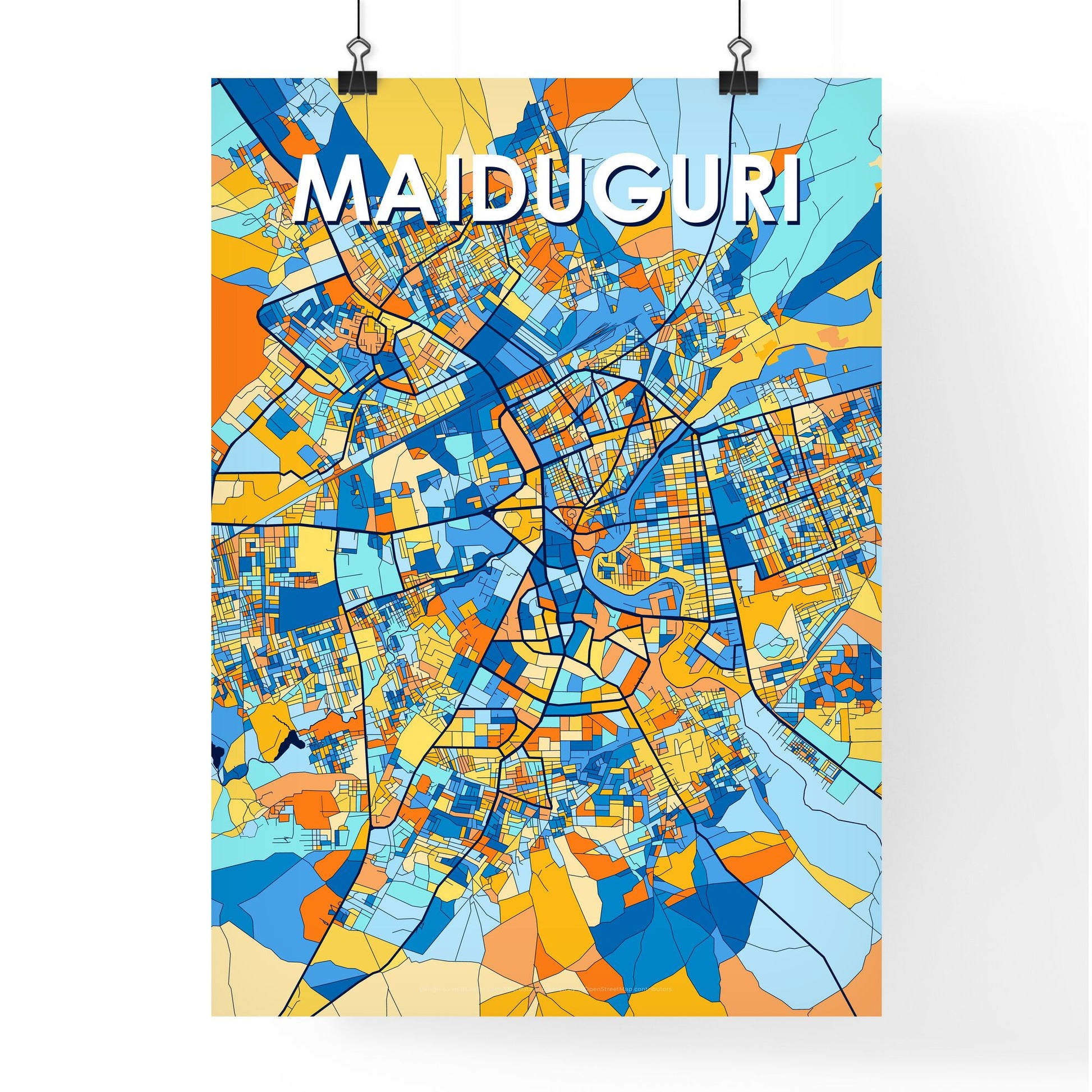 MAIDUGURI NIGERIA Vibrant Colorful Art Map Poster Blue Orange