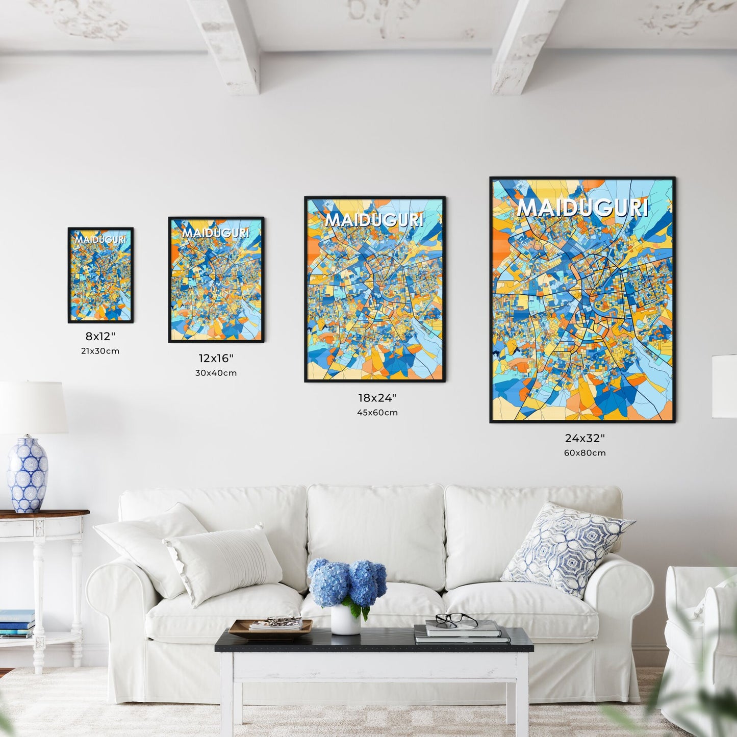 MAIDUGURI NIGERIA Vibrant Colorful Art Map Poster Blue Orange